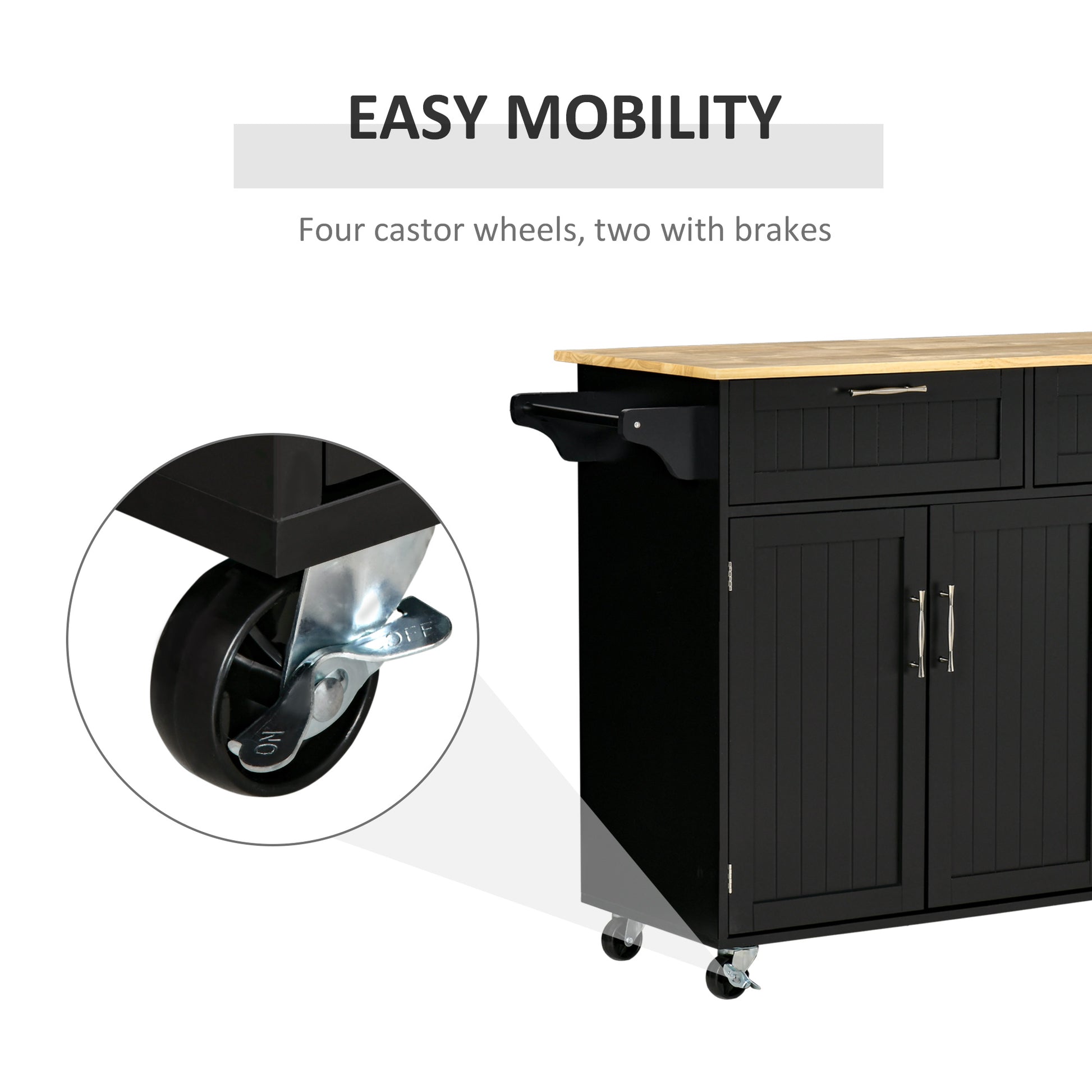 Modern Kitchen Island Rolling Cart - Black Rubberwood Top-DECOROLALA