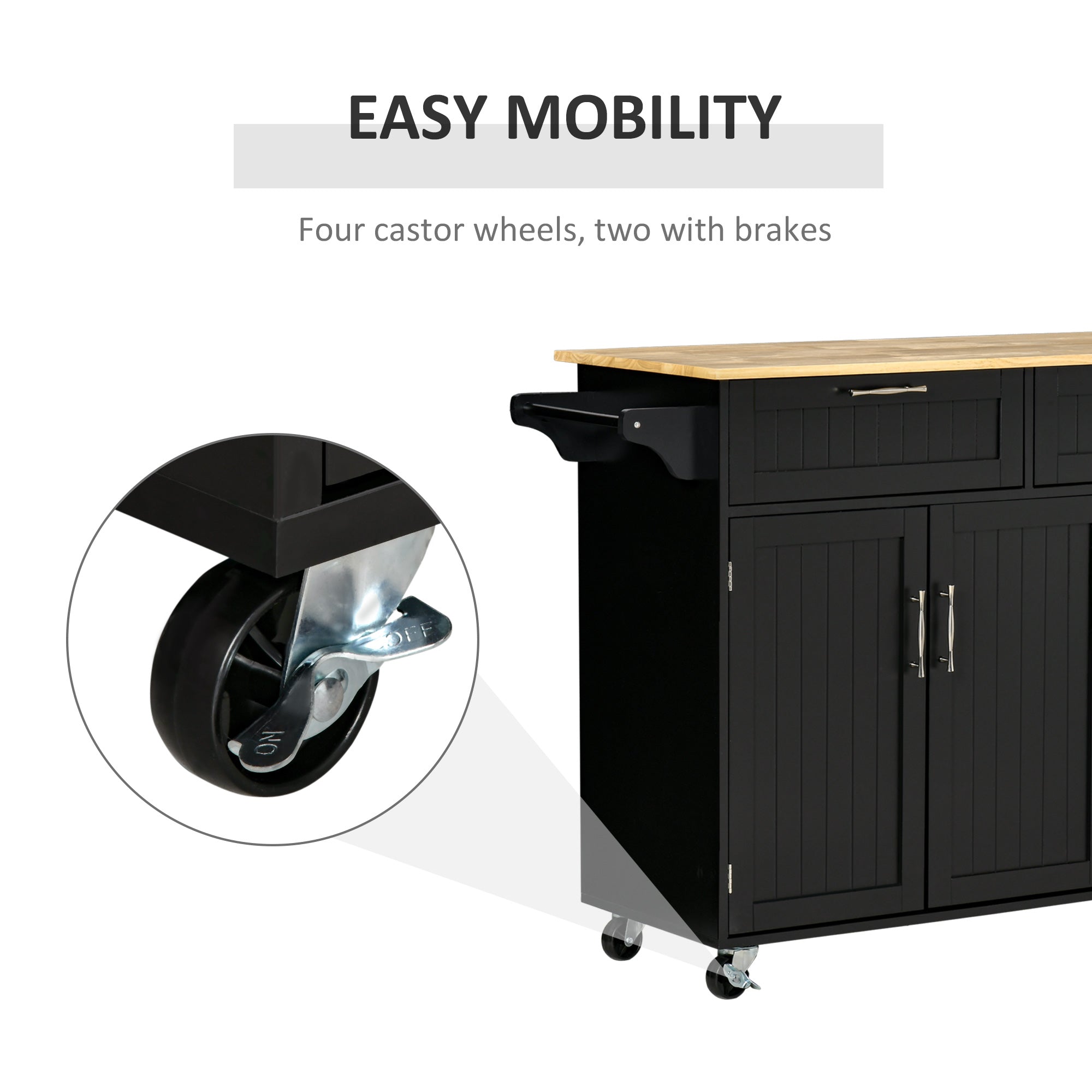 Modern Kitchen Island Rolling Cart - Black Rubberwood Top-DECOROLALA