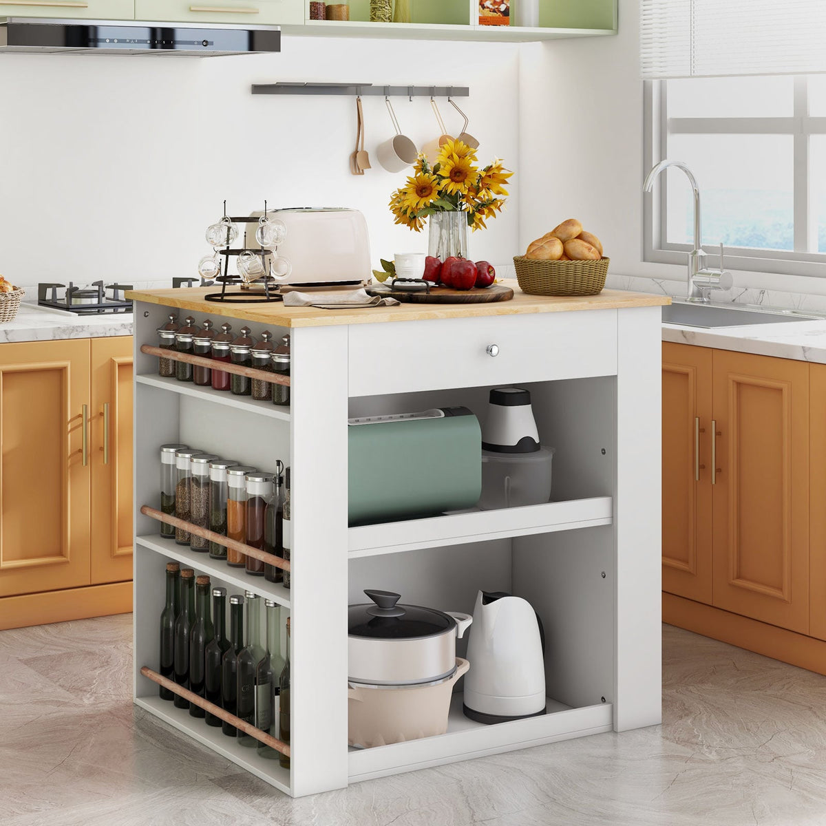 Modern Kitchen Island with Rubber Wood Countertop and Storage-White-Kitchen Islands & Carts-DECOROLALA