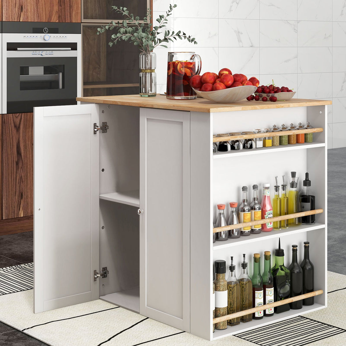 Modern Kitchen Island with Rubber Wood Countertop and Storage-White-Kitchen Islands & Carts-DECOROLALA