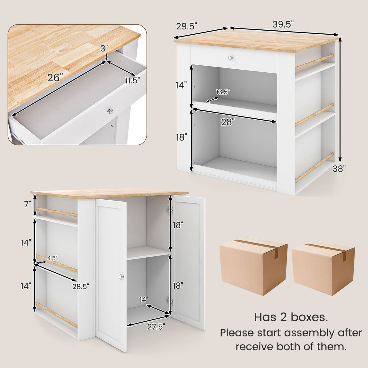 Modern Kitchen Island with Rubber Wood Countertop and Storage-White-Kitchen Islands & Carts-DECOROLALA