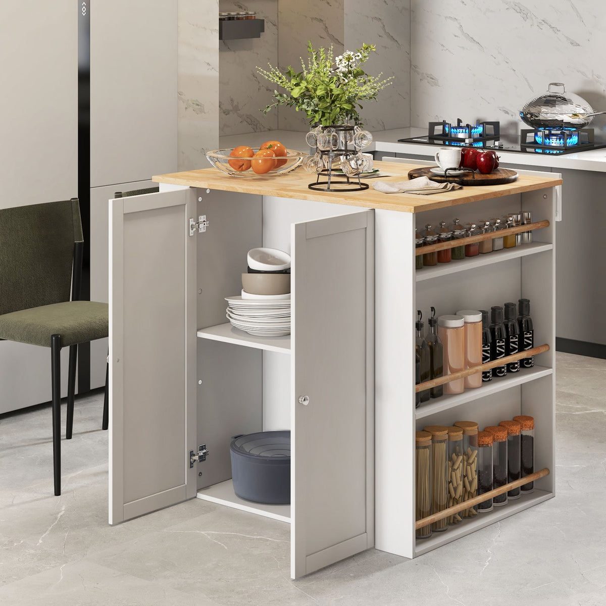 Modern Kitchen Island with Rubber Wood Countertop and Storage-White-Kitchen Islands & Carts-DECOROLALA