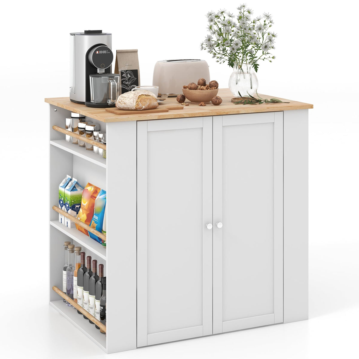 Modern Kitchen Island with Rubber Wood Countertop and Storage-White-Kitchen Islands & Carts-DECOROLALA