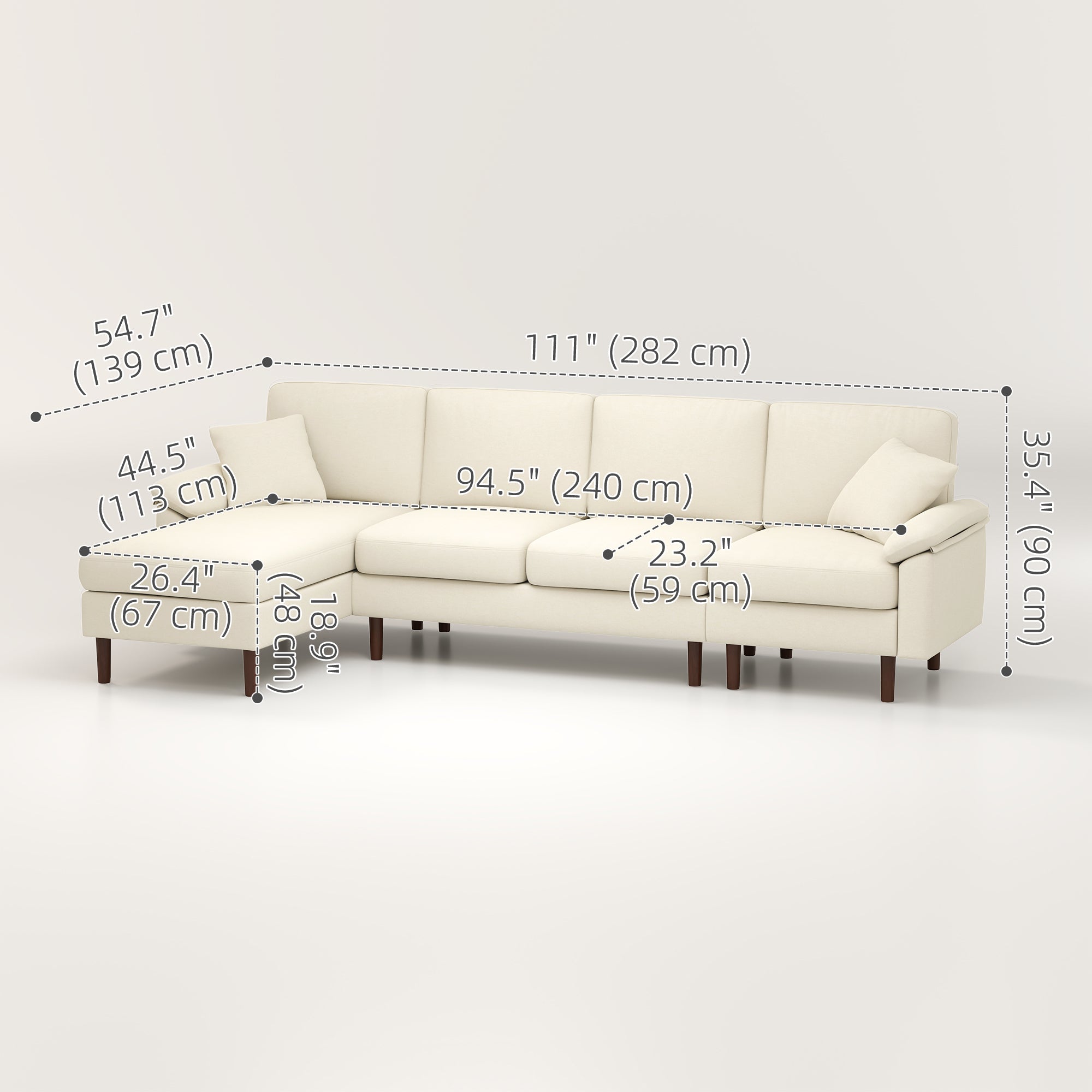 Modern L-Shape Sofa, Sectional Chaise, Linen Cream White, Wood Legs, 2 Pillows-DECOROLALA