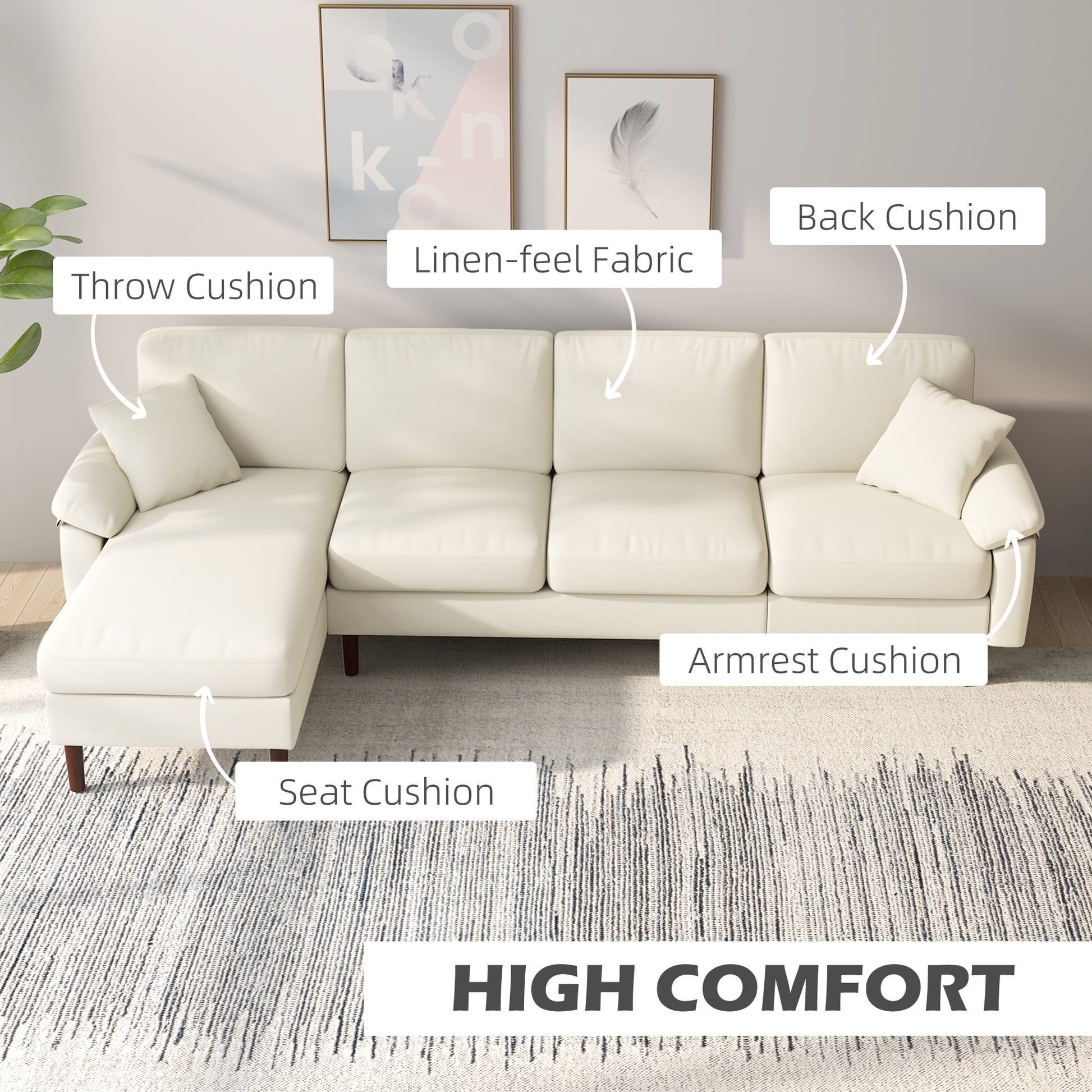 Modern L-Shape Sofa, Sectional Chaise, Linen Cream White, Wood Legs, 2 Pillows-DECOROLALA