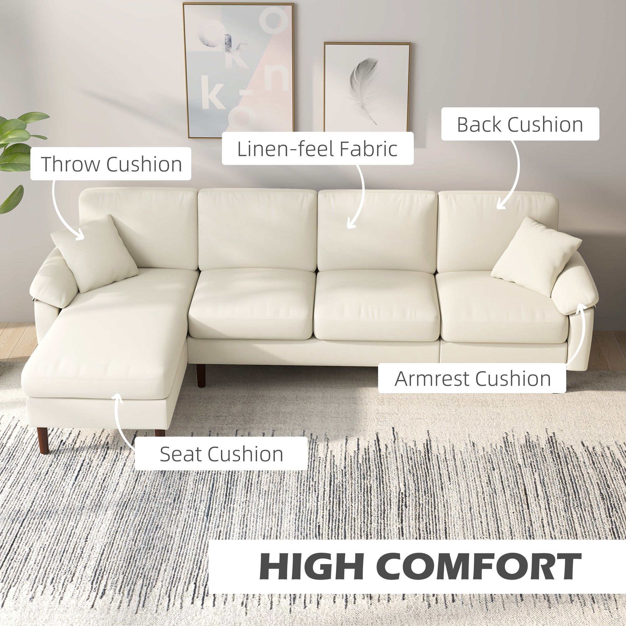 Modern L-Shape Sofa, Sectional Chaise, Linen Cream White, Wood Legs, 2 Pillows-DECOROLALA