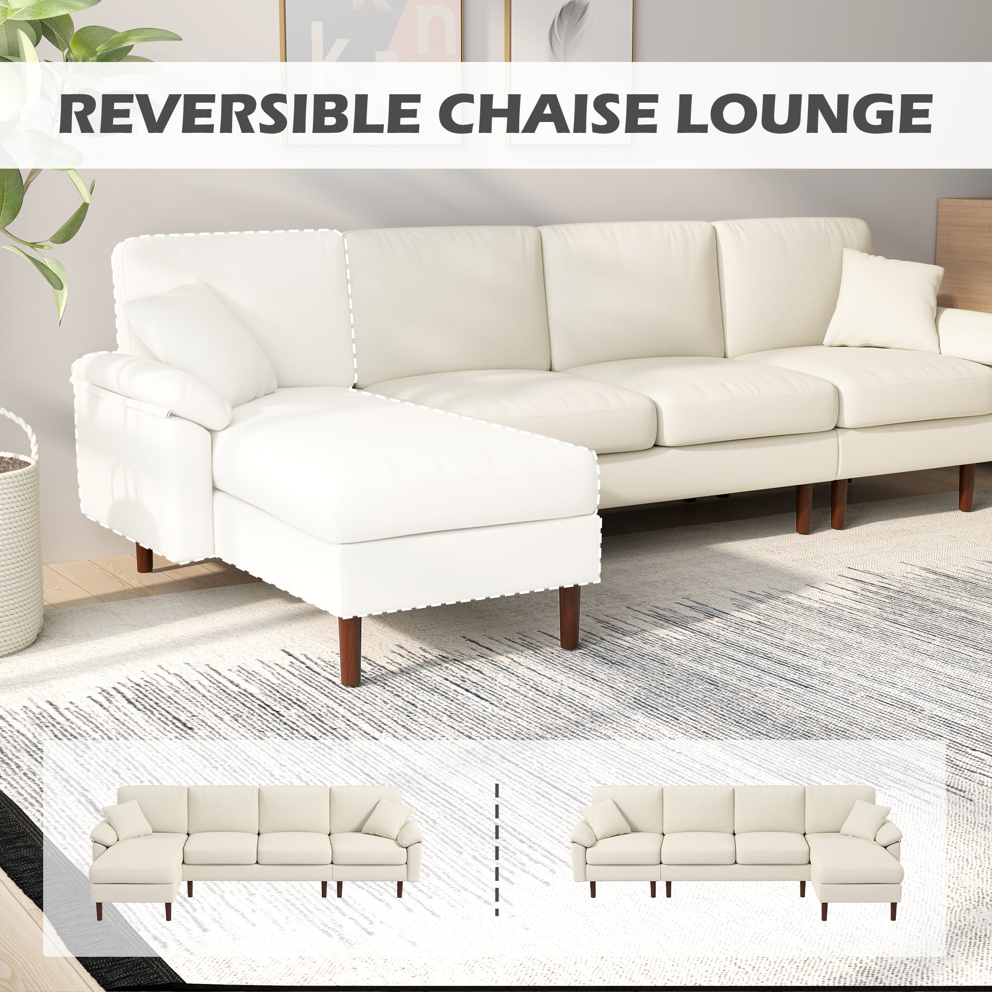 Modern L-Shape Sofa, Sectional Chaise, Linen Cream White, Wood Legs, 2 Pillows-DECOROLALA