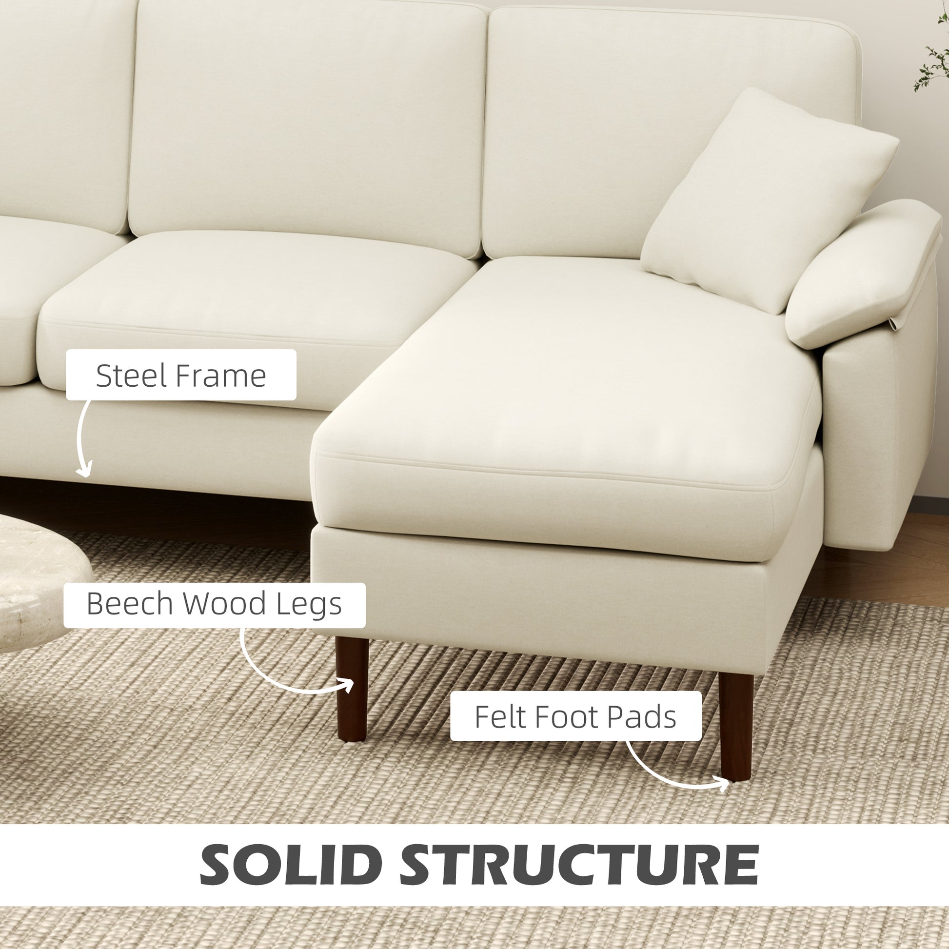 Modern L-Shape Sofa, Sectional Chaise, Linen Cream White, Wood Legs, 2 Pillows-DECOROLALA