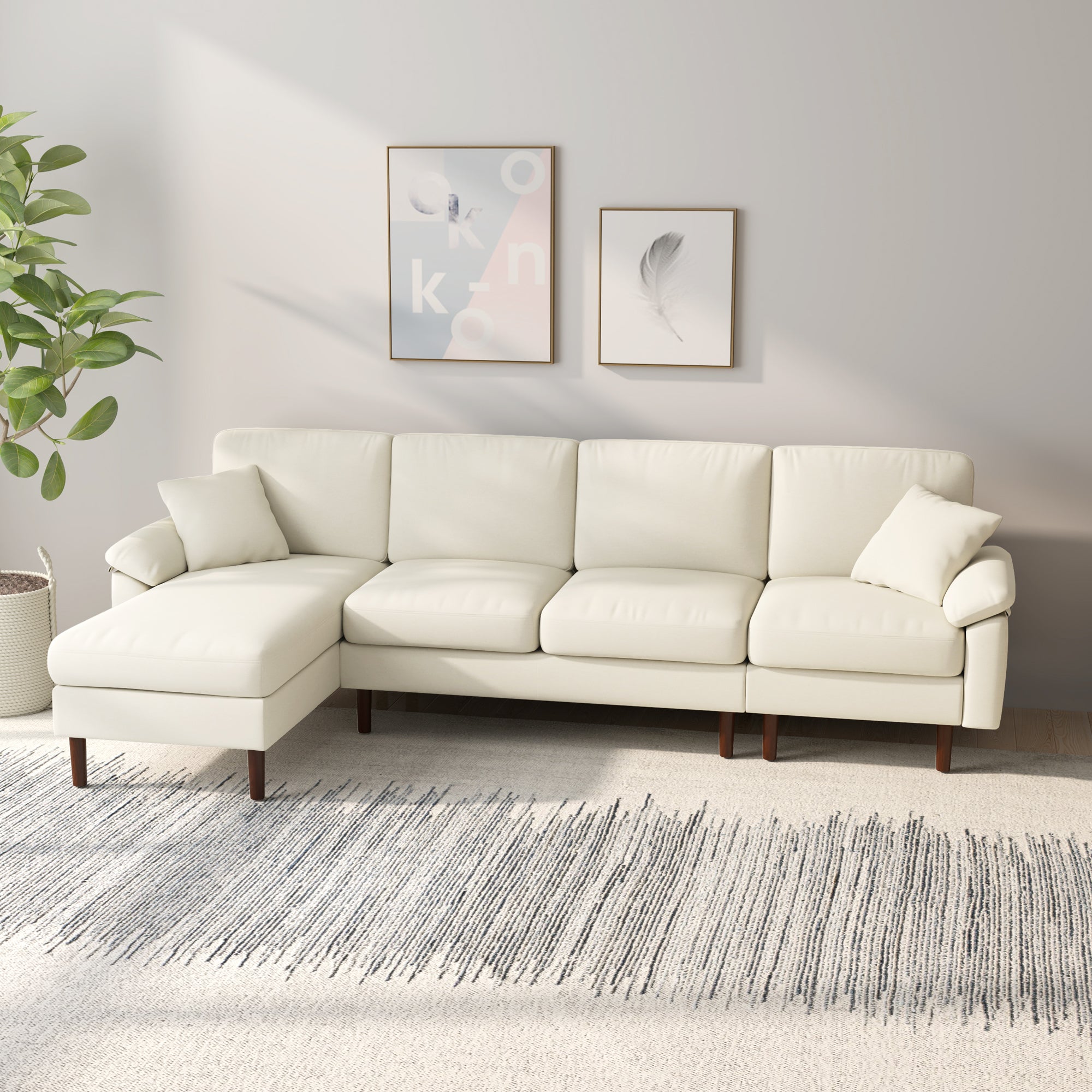 Modern L-Shape Sofa, Sectional Chaise, Linen Cream White, Wood Legs, 2 Pillows-DECOROLALA