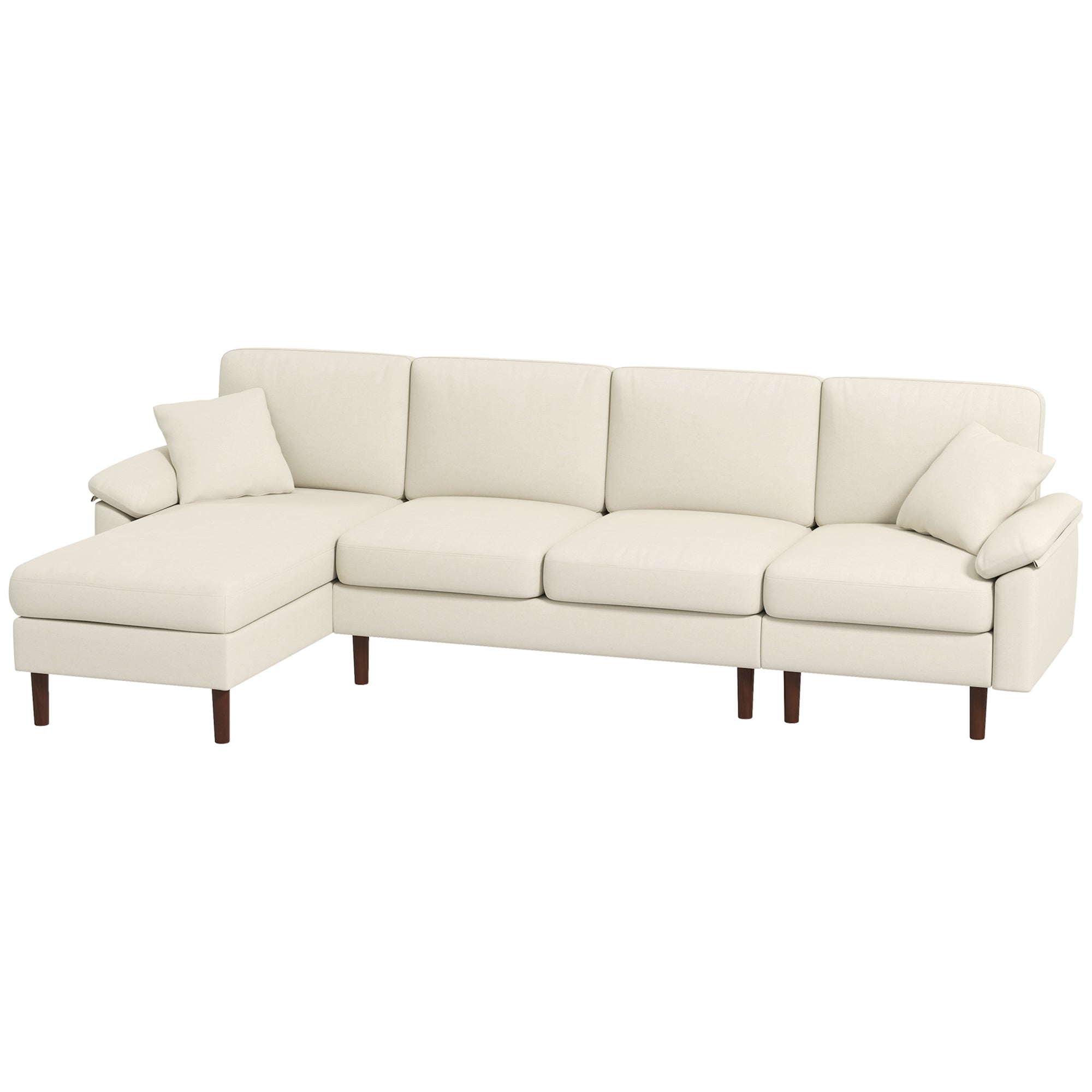 Modern L-Shape Sofa, Sectional Chaise, Linen Cream White, Wood Legs, 2 Pillows-DECOROLALA