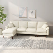 Modern L-Shape Sofa, Sectional Chaise, Linen Cream White, Wood Legs, 2 Pillows-DECOROLALA