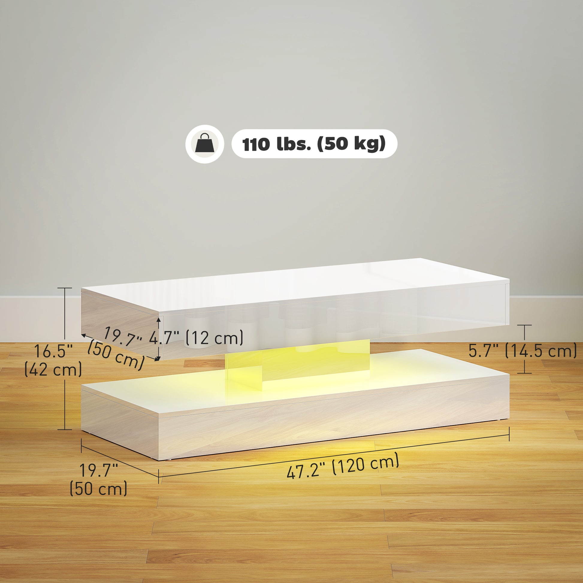 Modern LED Coffee Table - High Gloss White with 2 Drawers-DECOROLALA