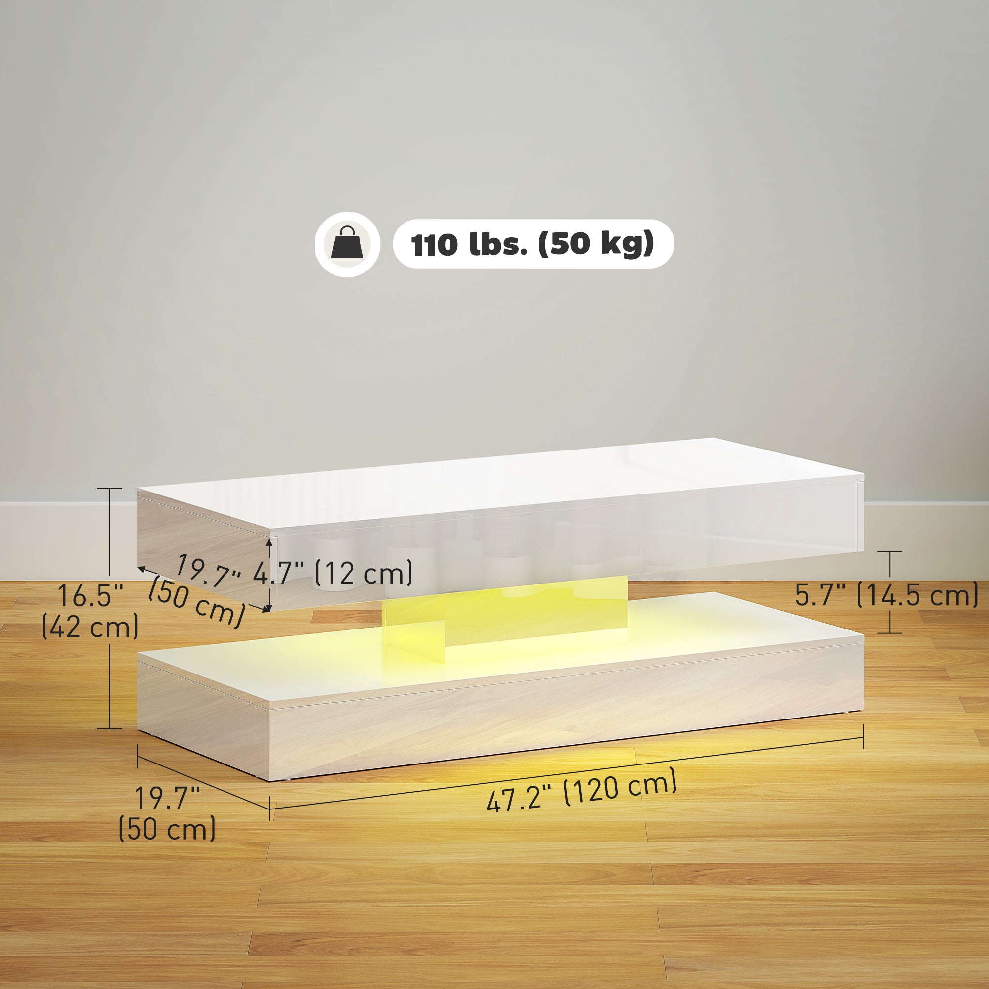 Modern LED Coffee Table - High Gloss White with 2 Drawers-DECOROLALA