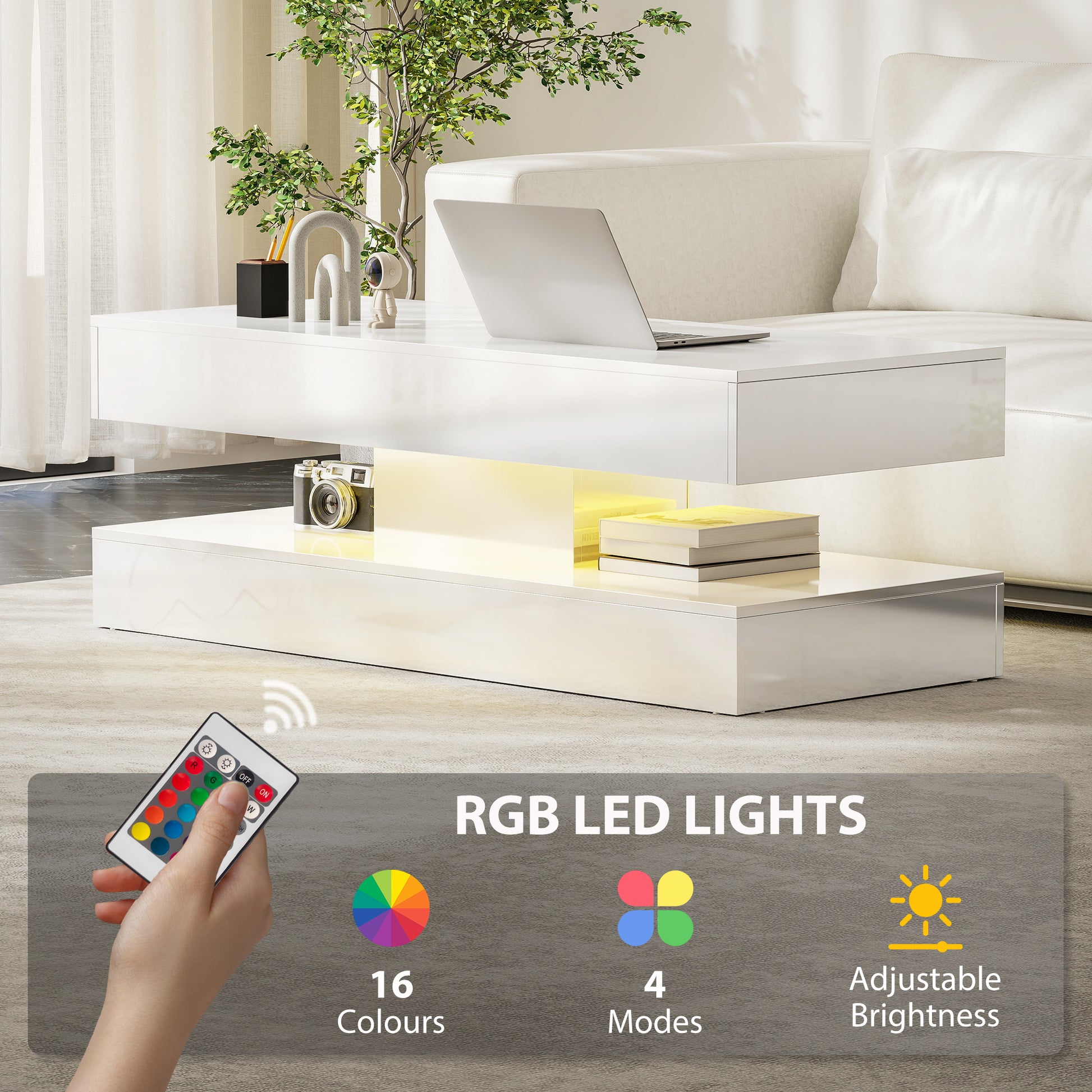 Modern LED Coffee Table - High Gloss White with 2 Drawers-DECOROLALA