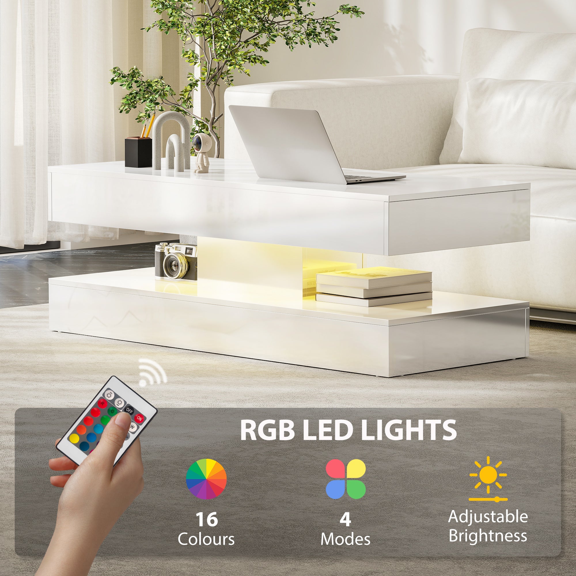 Modern LED Coffee Table - High Gloss White with 2 Drawers-DECOROLALA