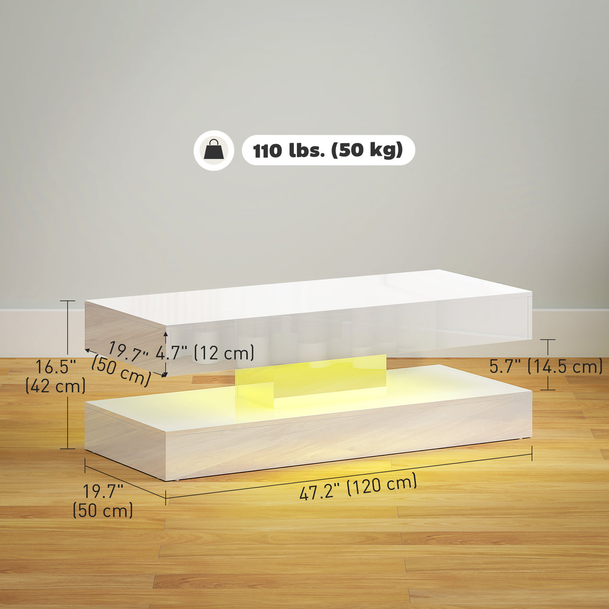 Modern LED Coffee Table - High Gloss White with 2 Drawers-DECOROLALA