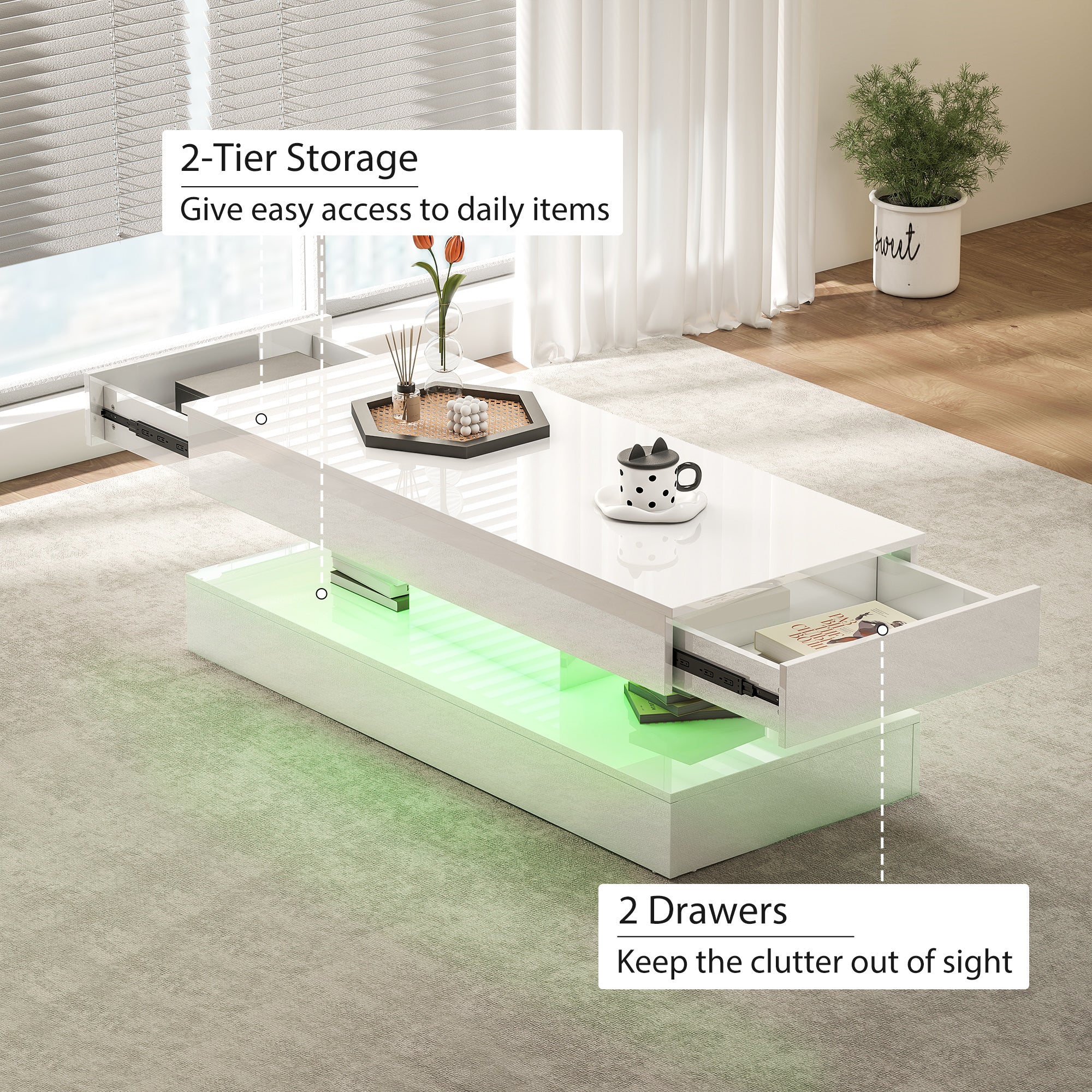 Modern LED Coffee Table - High Gloss White with 2 Drawers-DECOROLALA