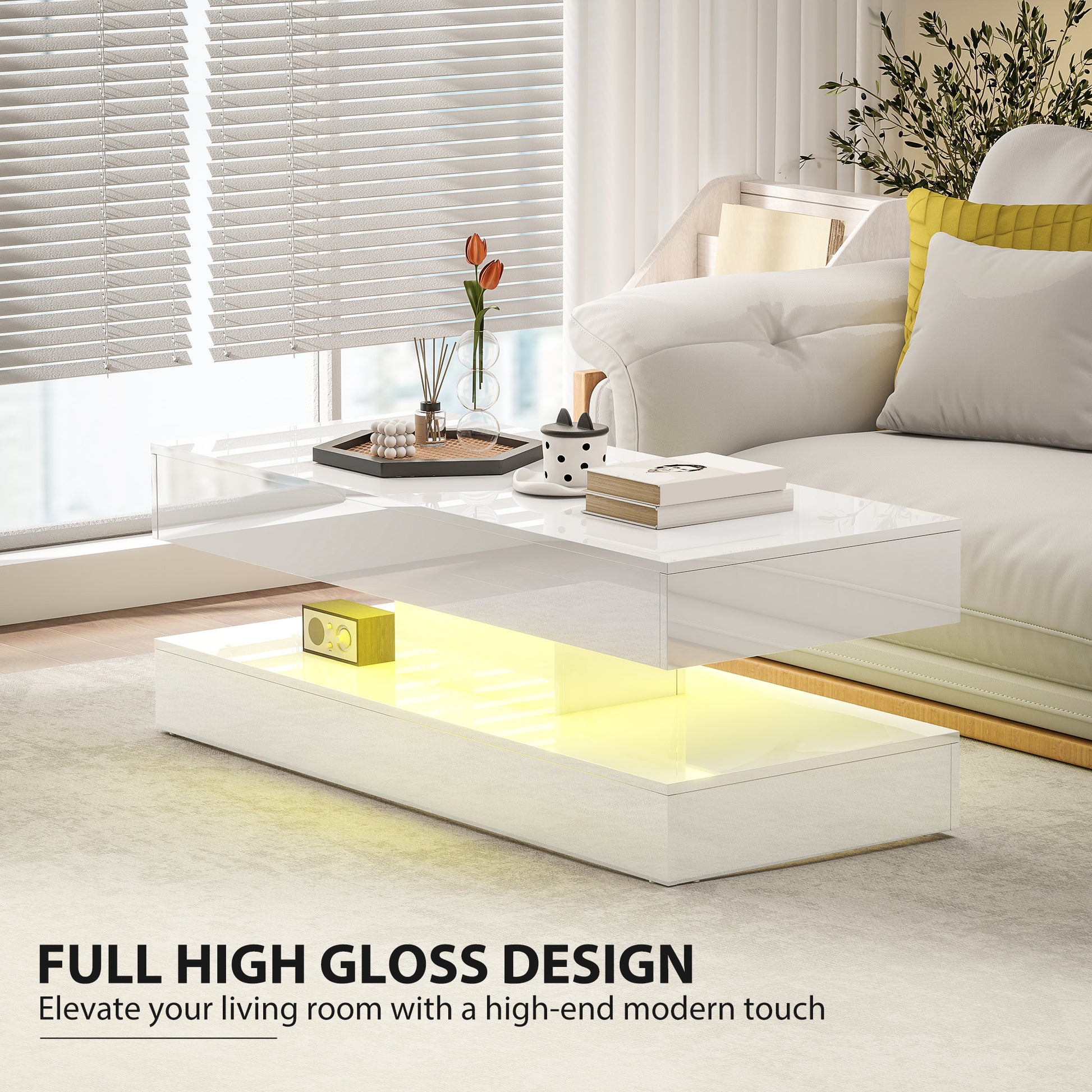 Modern LED Coffee Table - High Gloss White with 2 Drawers-DECOROLALA