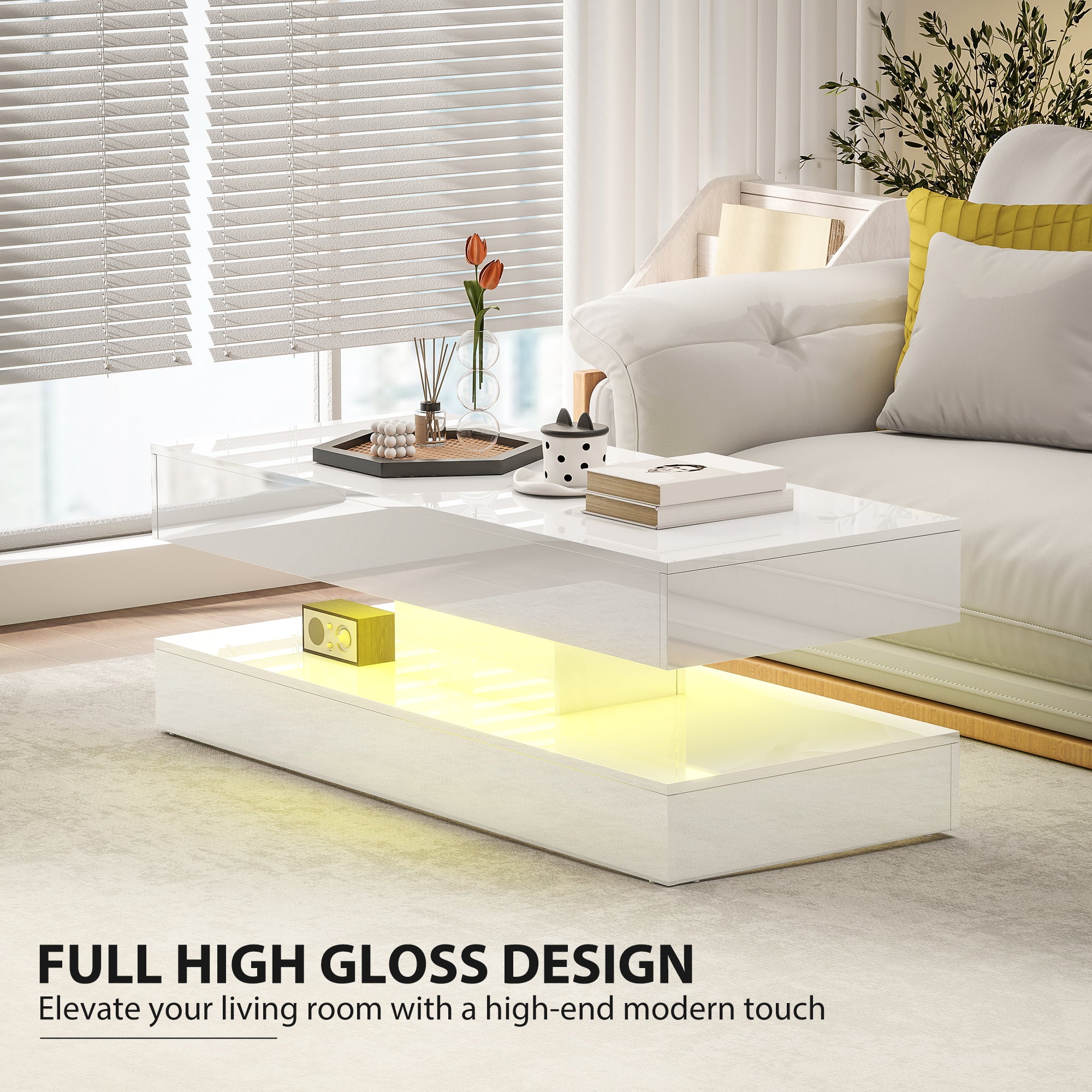 Modern LED Coffee Table - High Gloss White with 2 Drawers-DECOROLALA