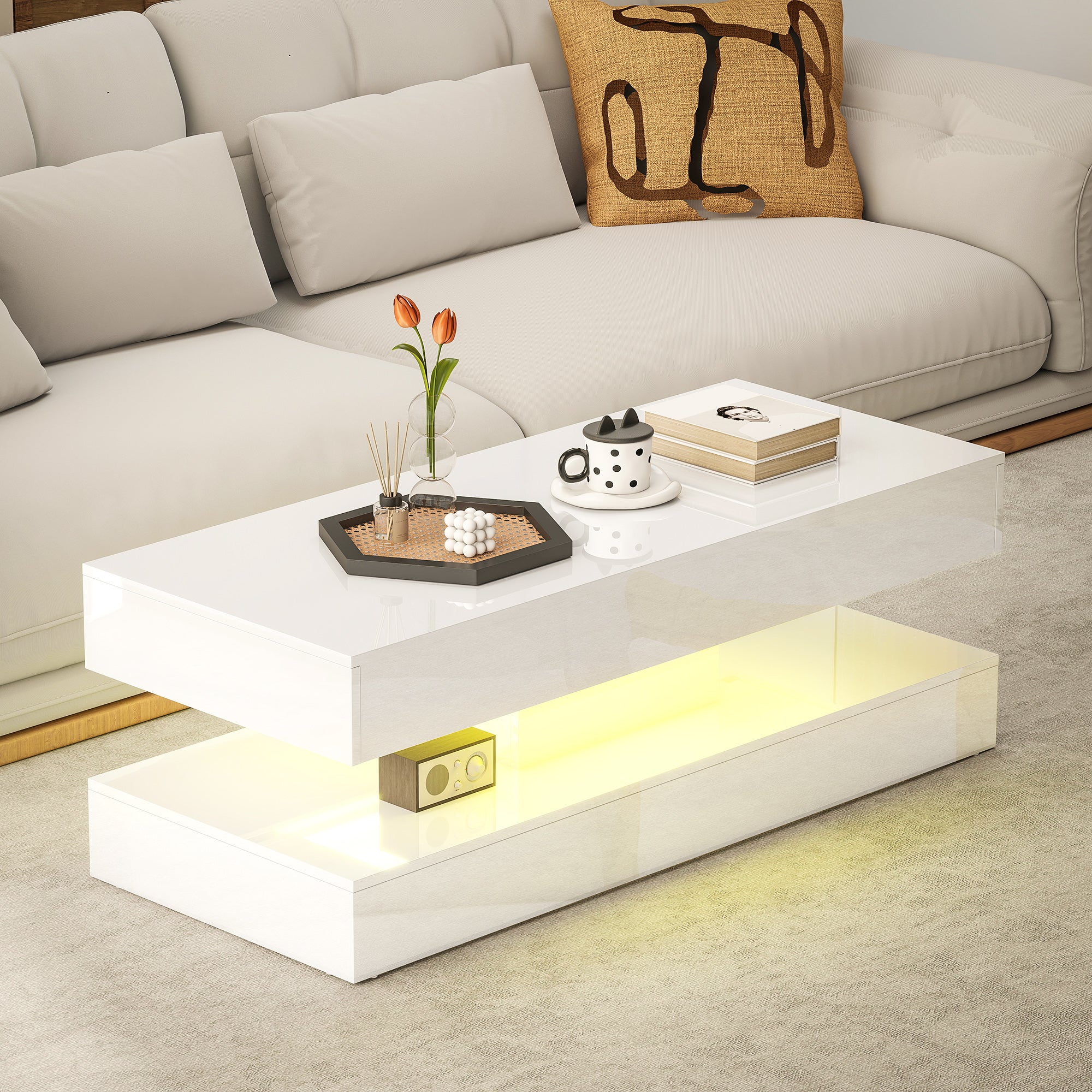 Modern LED Coffee Table - High Gloss White with 2 Drawers-DECOROLALA