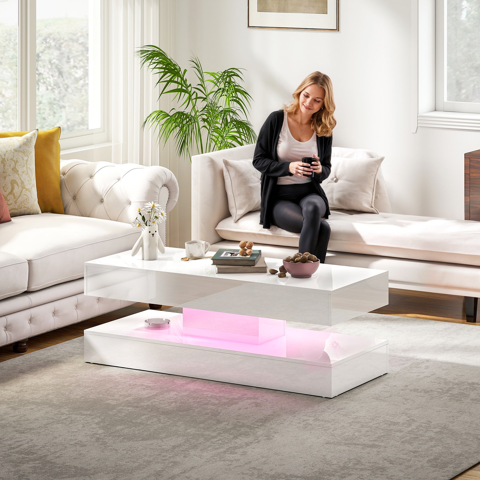 Modern LED Coffee Table - High Gloss White with 2 Drawers-DECOROLALA