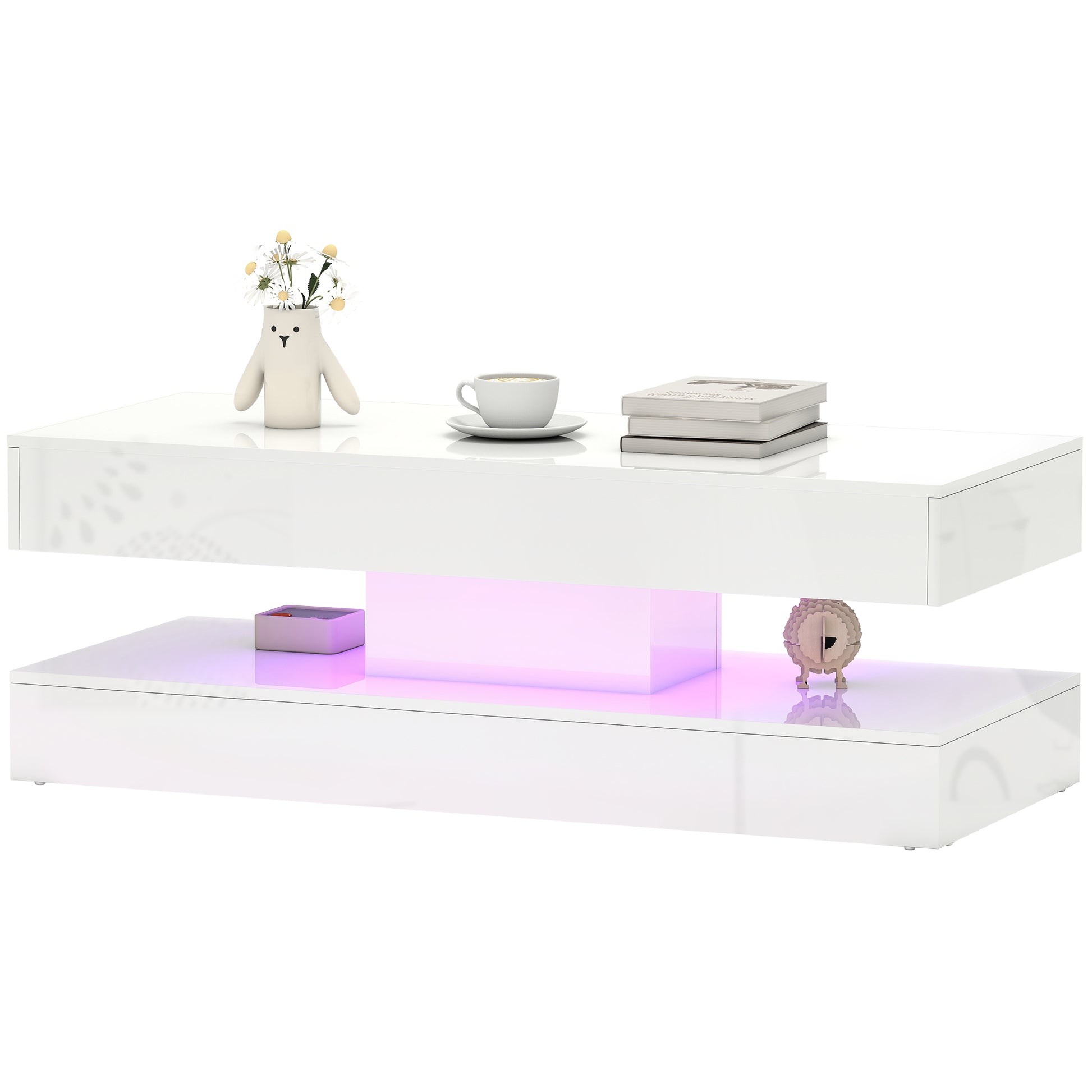 Modern LED Coffee Table - High Gloss White with 2 Drawers-DECOROLALA