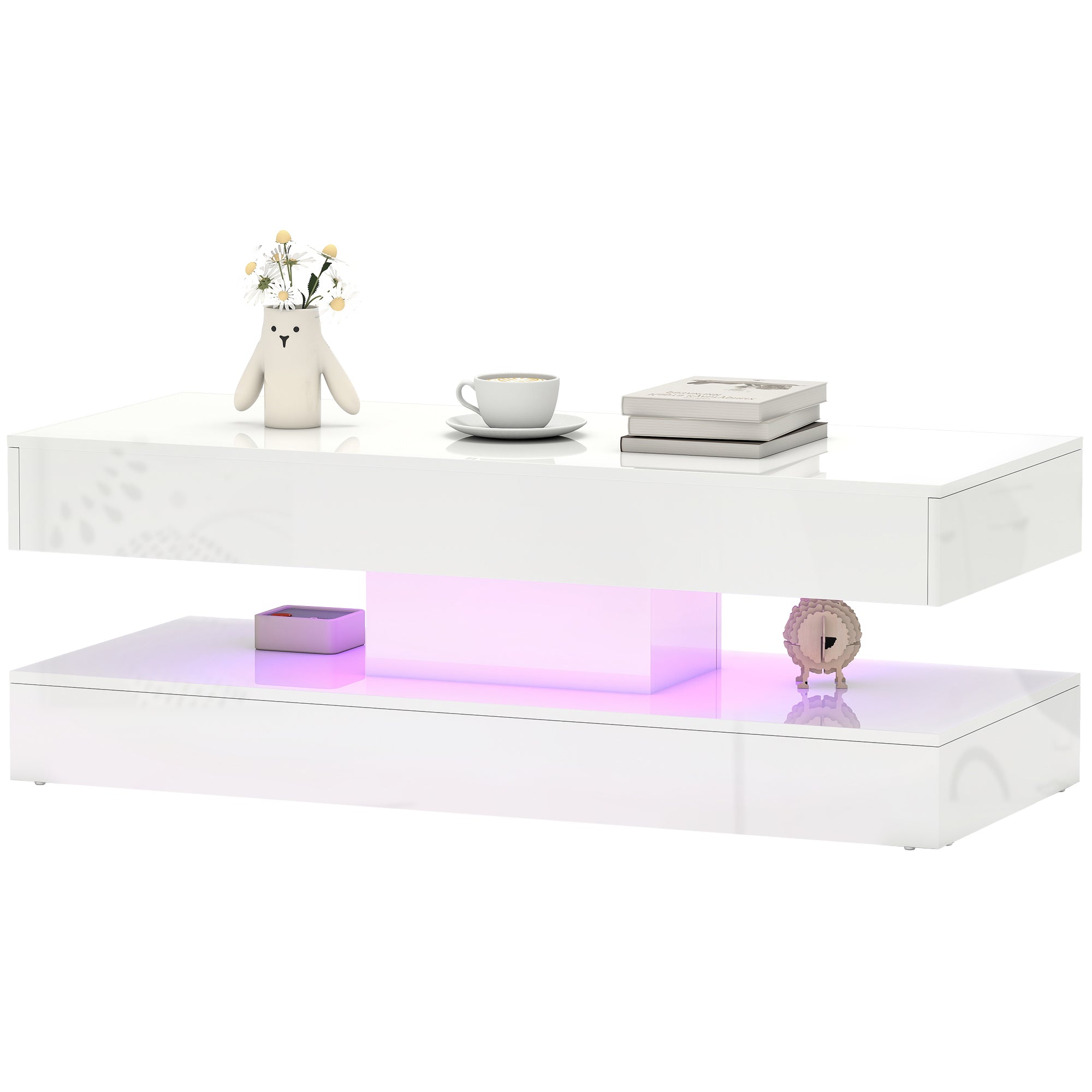 Modern LED Coffee Table - High Gloss White with 2 Drawers-DECOROLALA