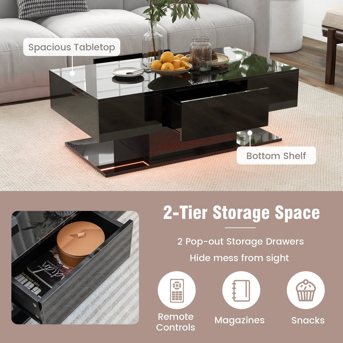 Modern LED Coffee Table with 20 Color LED Lights and 2 Storage Drawers-Black-Coffee Tables-DECOROLALA