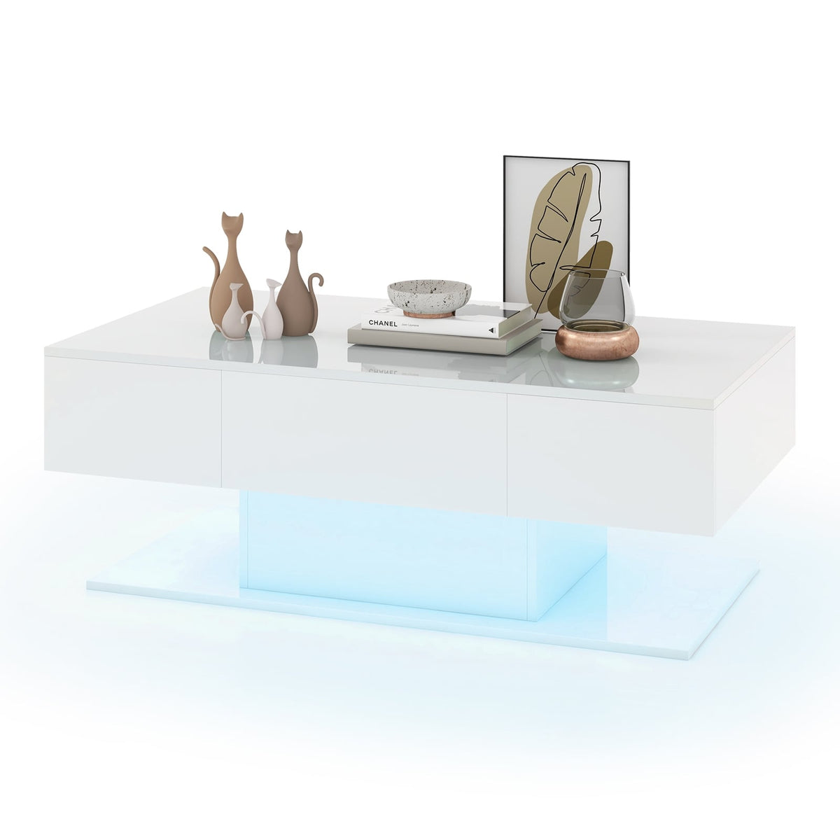 Modern LED Coffee Table with 20 Color LED Lights and 2 Storage Drawers-White-Coffee Tables-DECOROLALA