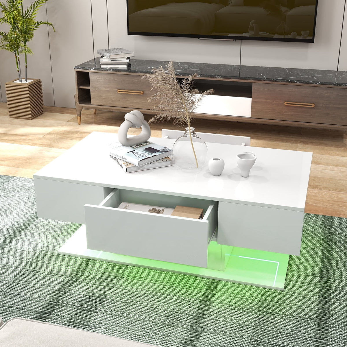 Modern LED Coffee Table with 20 Color LED Lights and 2 Storage Drawers-White-Coffee Tables-DECOROLALA