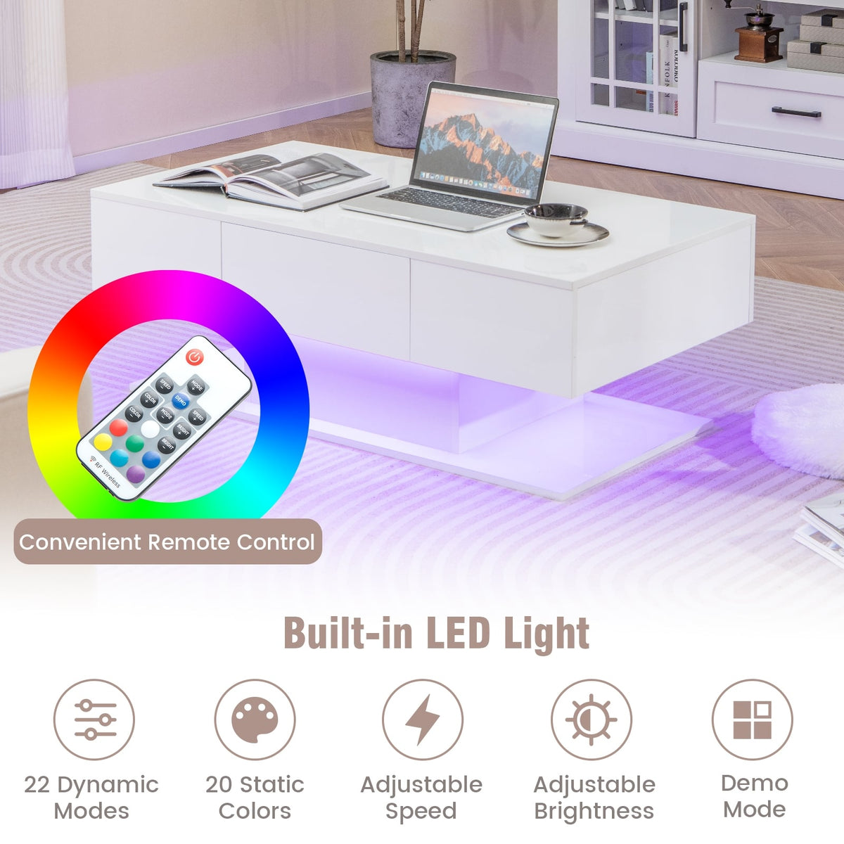 Modern LED Coffee Table with 20 Color LED Lights and 2 Storage Drawers-White-Coffee Tables-DECOROLALA