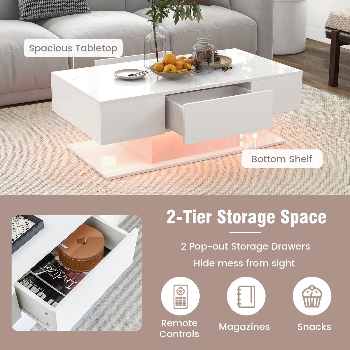Modern LED Coffee Table with 20 Color LED Lights and 2 Storage Drawers-White-Coffee Tables-DECOROLALA