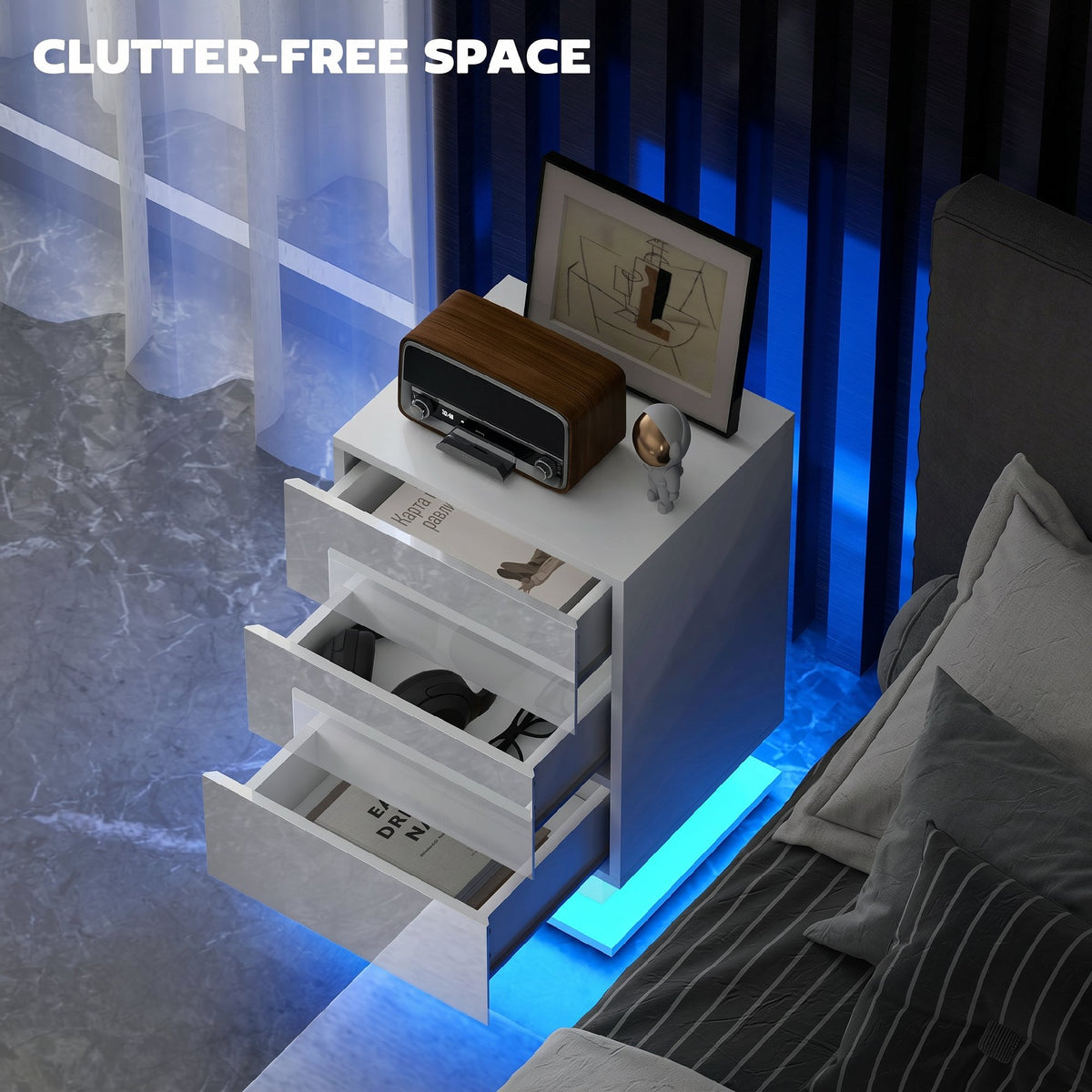 Modern LED Nightstand - 3 Drawers App Control White-Home Furnishings > Bedroom Furniture > Bedside Tables-DECOROLALA