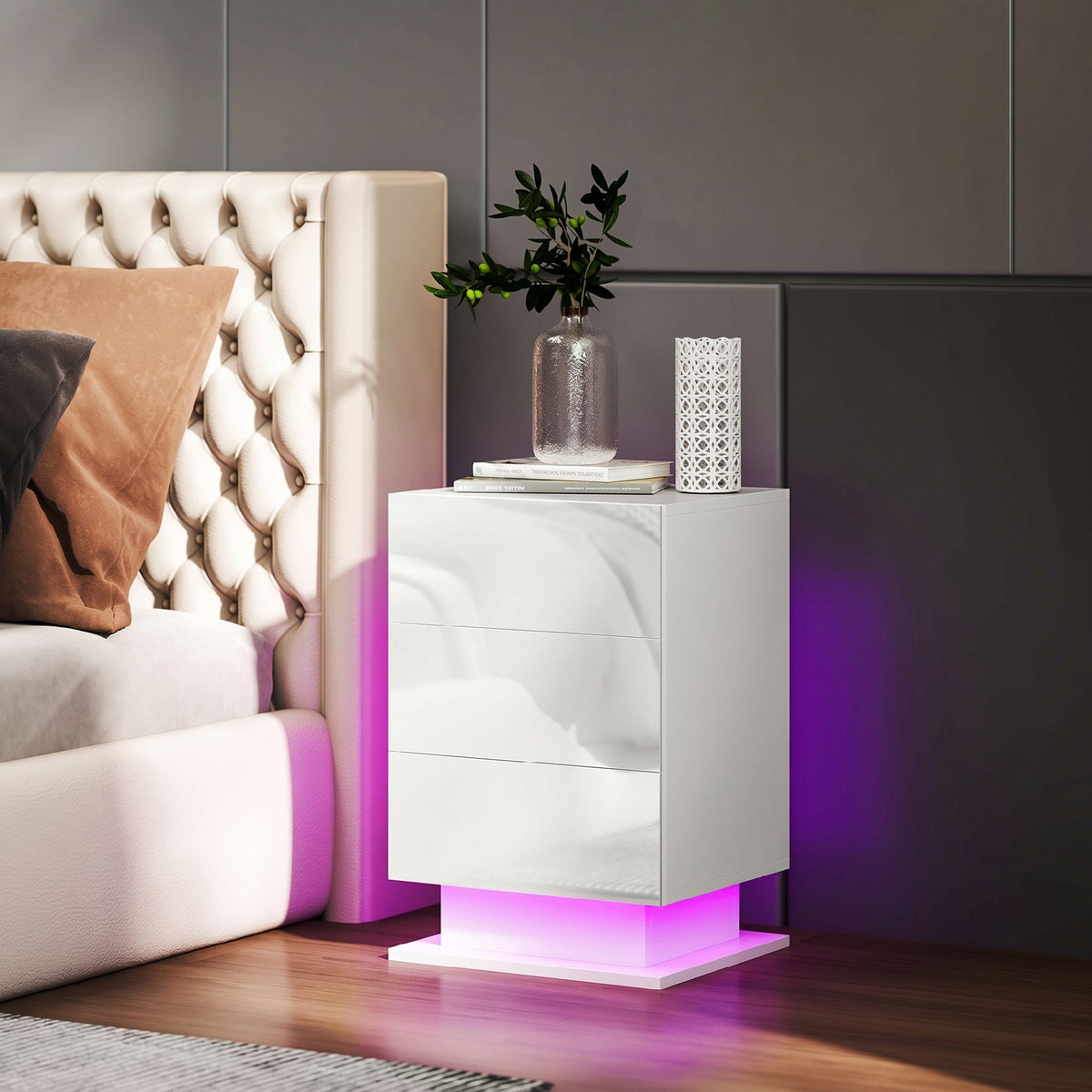 Modern LED Nightstand - 3 Drawers App Control White-Home Furnishings > Bedroom Furniture > Bedside Tables-DECOROLALA