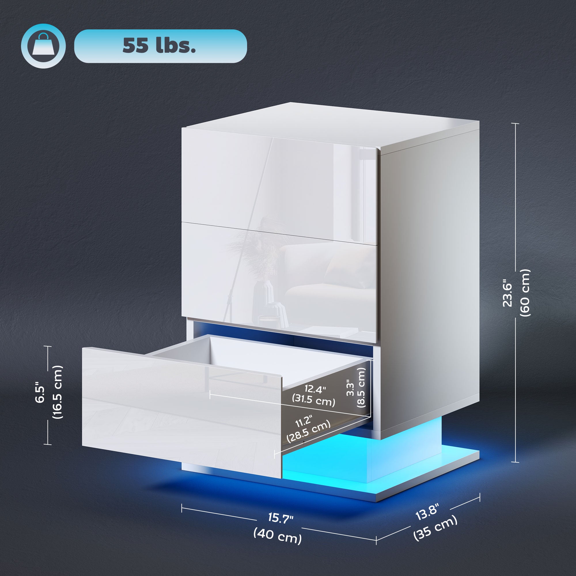 Modern LED Nightstand - 3 Drawers App Control White-Home Furnishings > Bedroom Furniture > Bedside Tables-DECOROLALA