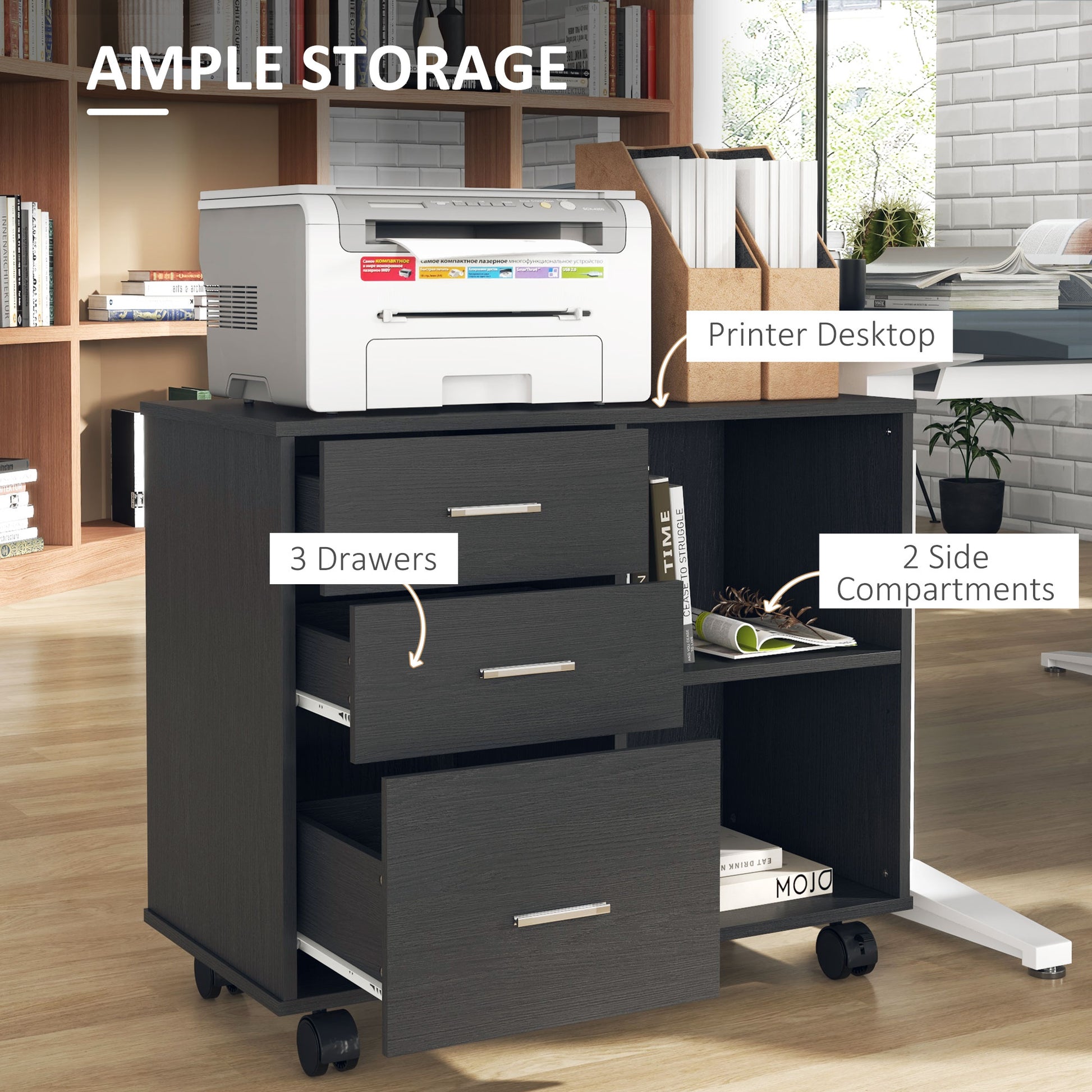 Modern Lateral Filing Cabinet, 3 Drawer File Cabinet for Letter and A4 Size Documents, Mobile, Printer Stand with Open Shelves, Rolling Wheels, Black-Office Products > Office Furniture > Office Cabinets & Cupboards-DECOROLALA