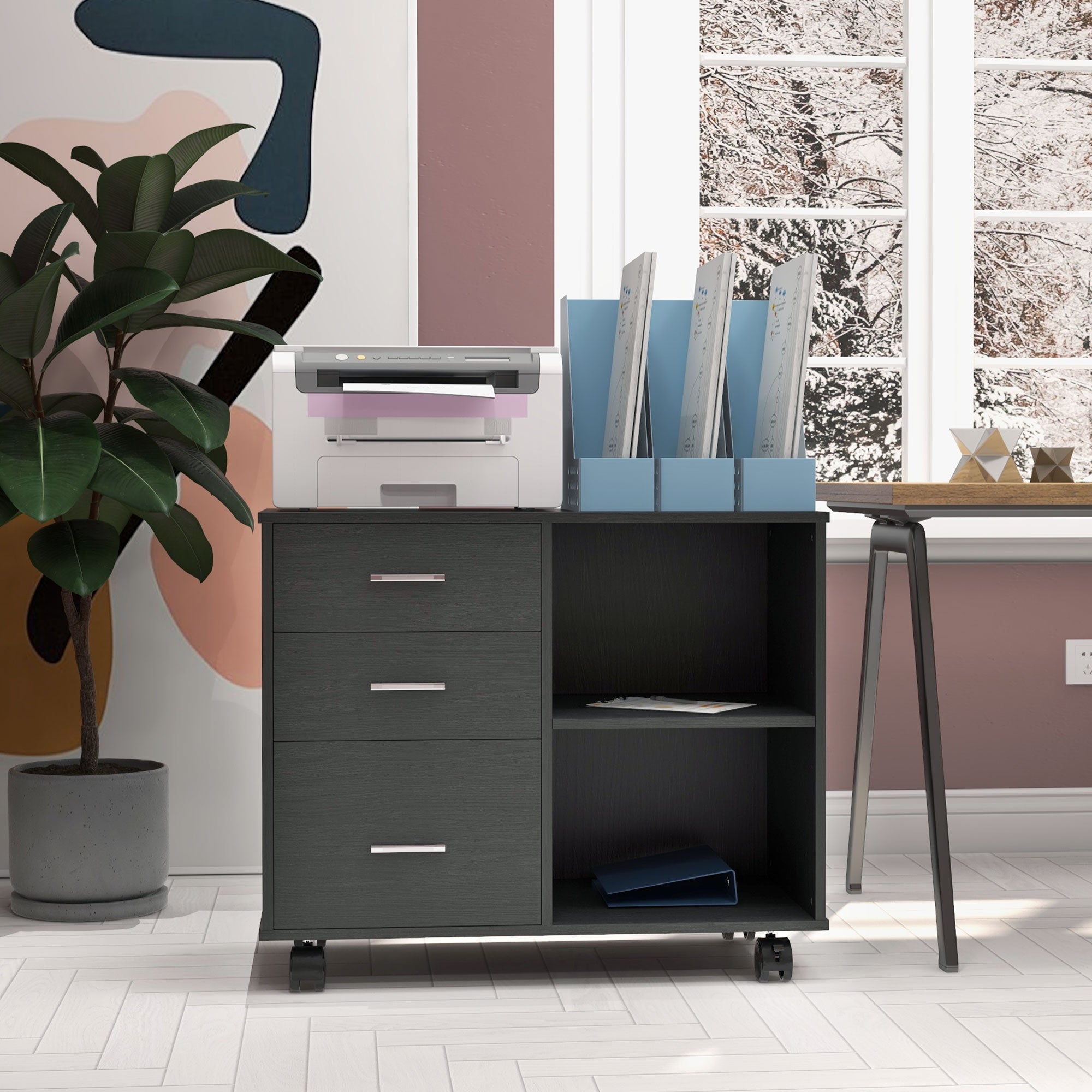 Modern Lateral Filing Cabinet, 3 Drawer File Cabinet for Letter and A4 Size Documents, Mobile, Printer Stand with Open Shelves, Rolling Wheels, Black-Office Products > Office Furniture > Office Cabinets & Cupboards-DECOROLALA