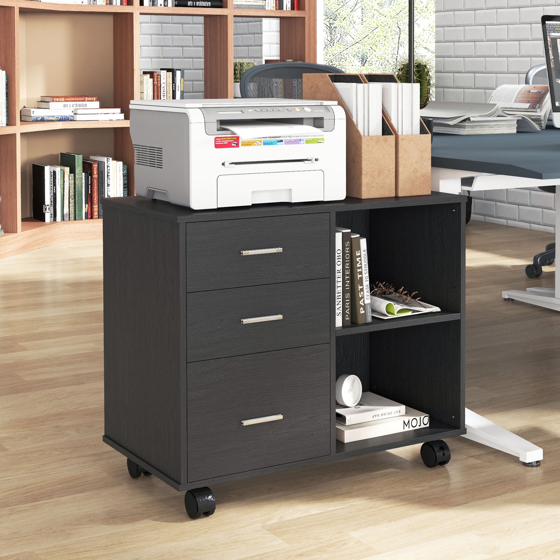 Modern Lateral Filing Cabinet, 3 Drawer File Cabinet for Letter and A4 Size Documents, Mobile, Printer Stand with Open Shelves, Rolling Wheels, Black-Office Products > Office Furniture > Office Cabinets & Cupboards-DECOROLALA