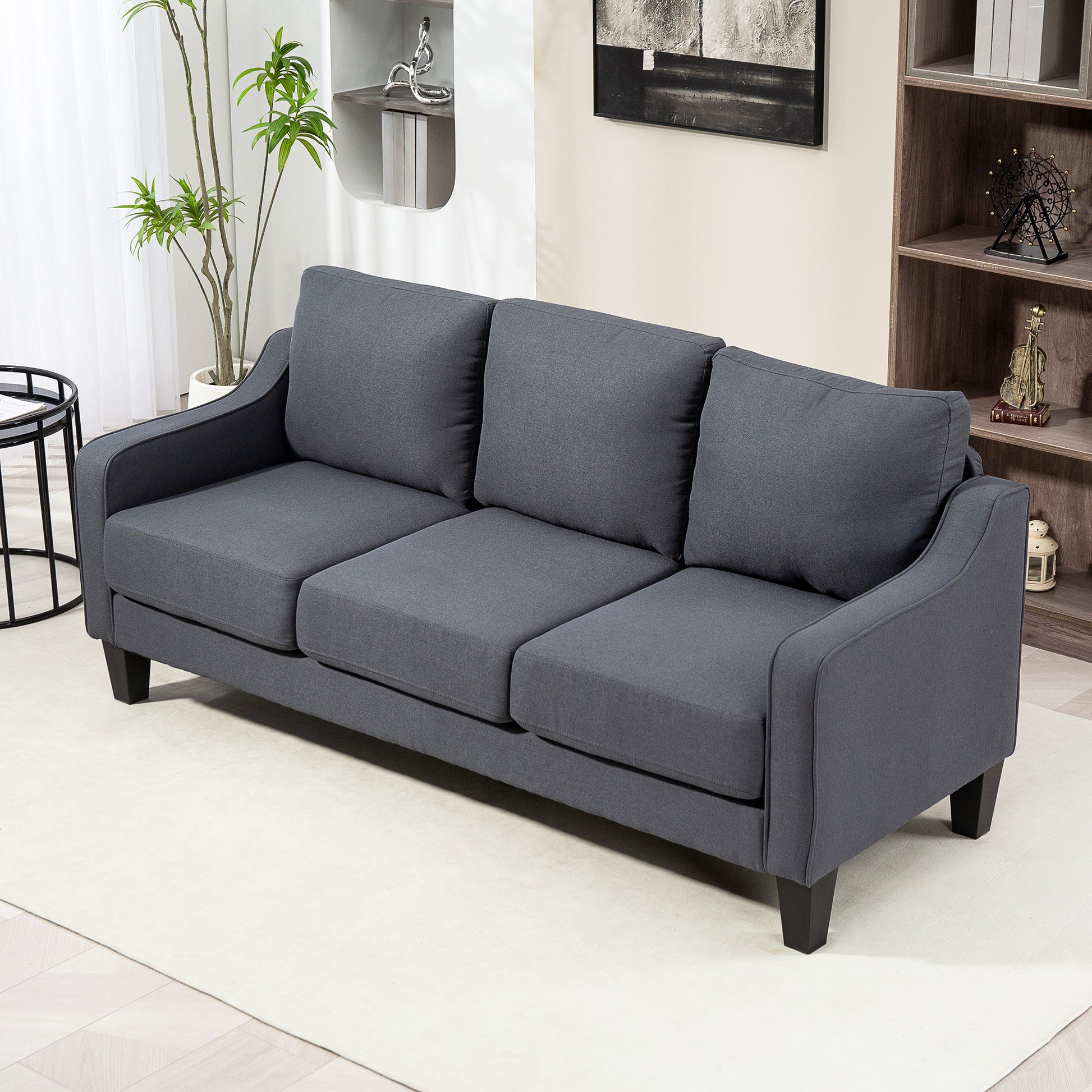 Modern Linen Sofa - 3 Seater, Pocket Spring, Thick Padded, Charcoal Grey-DECOROLALA
