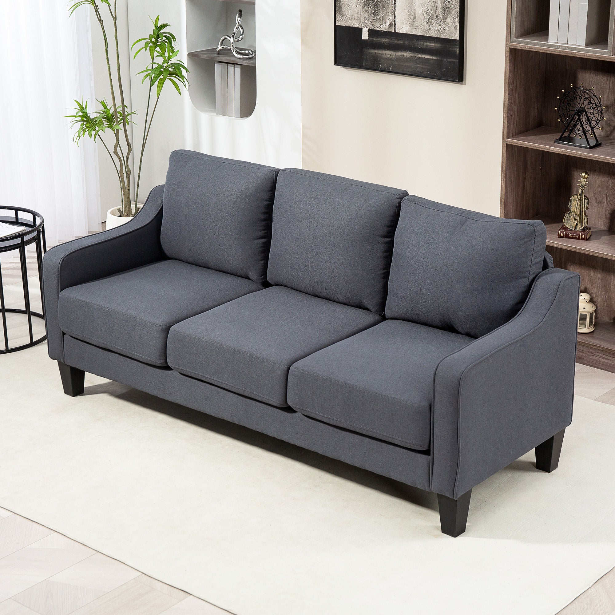 Modern Linen Sofa - 3 Seater, Pocket Spring, Thick Padded, Charcoal Grey-DECOROLALA