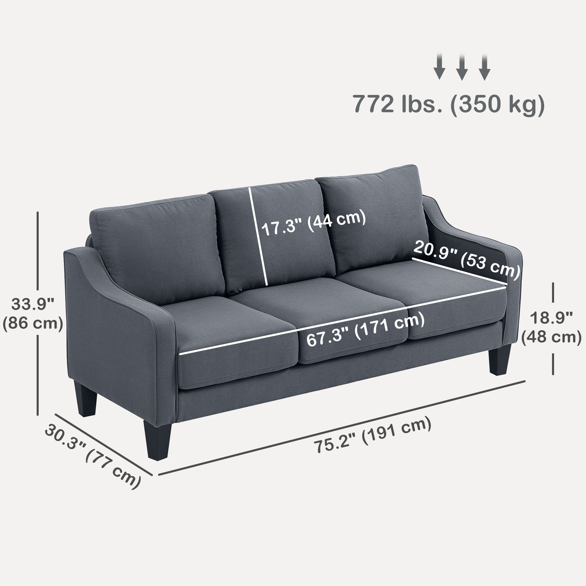 Modern Linen Sofa - 3 Seater, Pocket Spring, Thick Padded, Charcoal Grey-DECOROLALA
