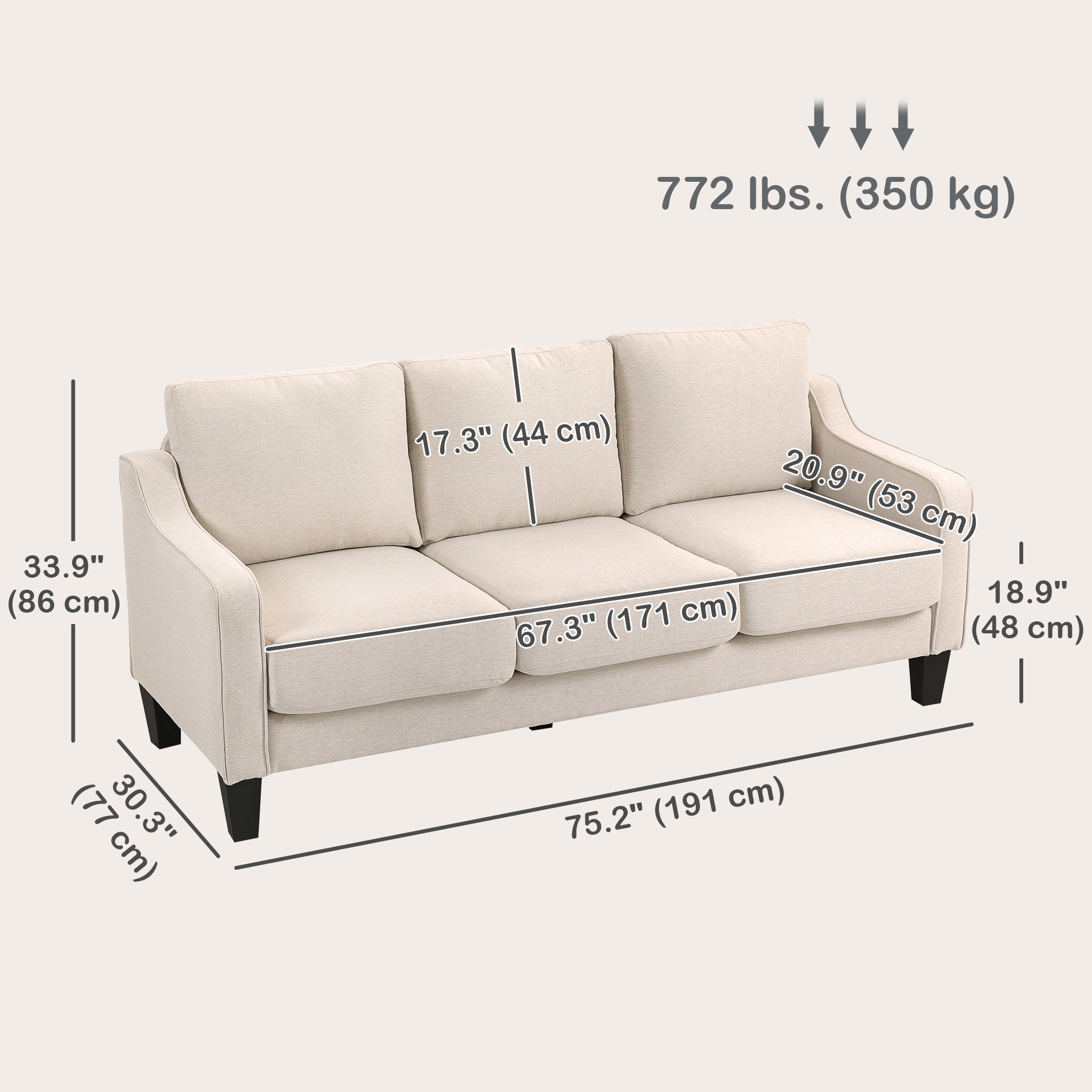 Modern Linen Sofa - 3 Seater, Pocket Spring, Thick Padded, Charcoal Grey-DECOROLALA