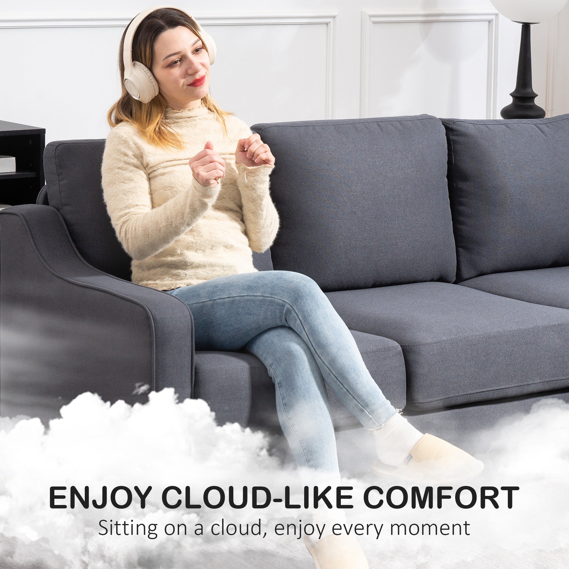 Modern Linen Sofa - 3 Seater, Pocket Spring, Thick Padded, Charcoal Grey-DECOROLALA