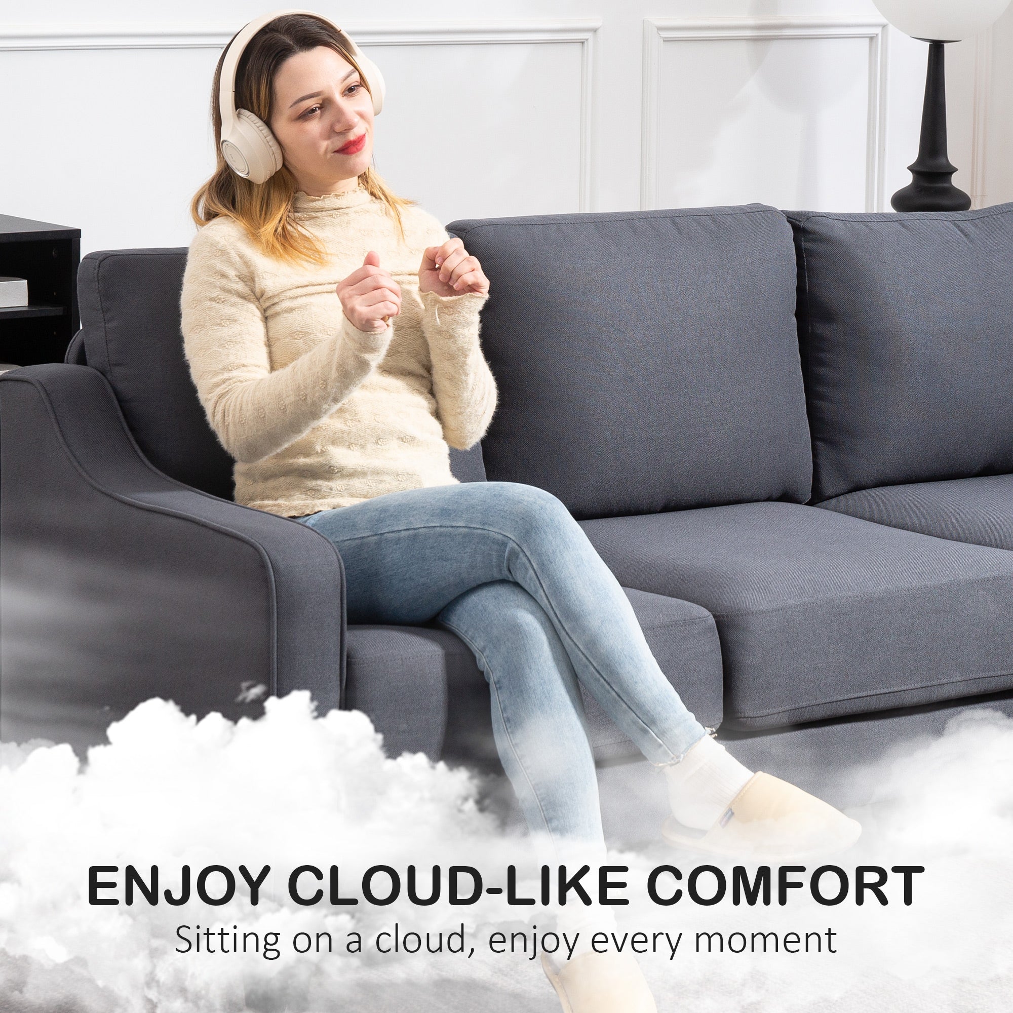 Modern Linen Sofa - 3 Seater, Pocket Spring, Thick Padded, Charcoal Grey-DECOROLALA