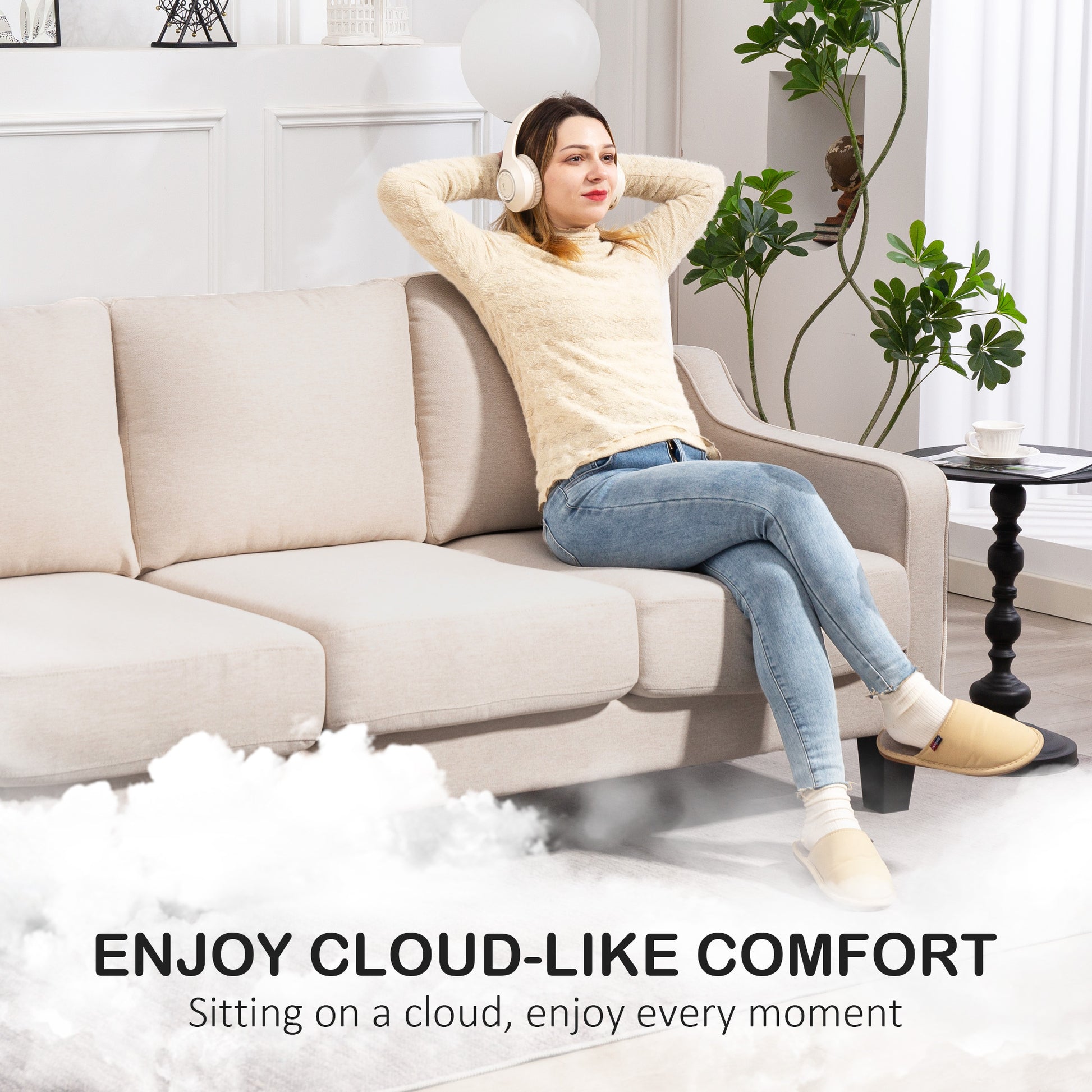 Modern Linen Sofa - 3 Seater, Pocket Spring, Thick Padded, Charcoal Grey-DECOROLALA