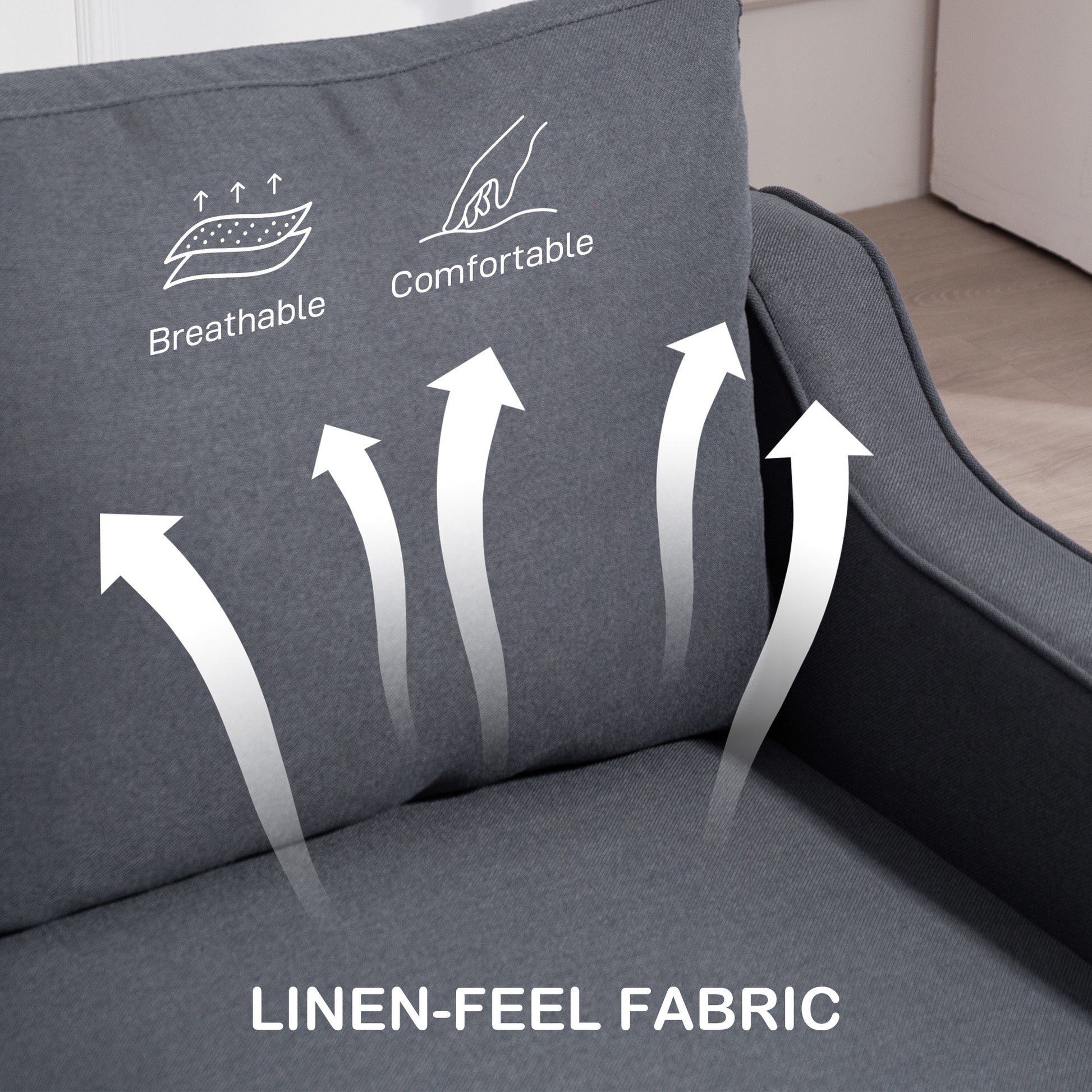 Modern Linen Sofa - 3 Seater, Pocket Spring, Thick Padded, Charcoal Grey-DECOROLALA