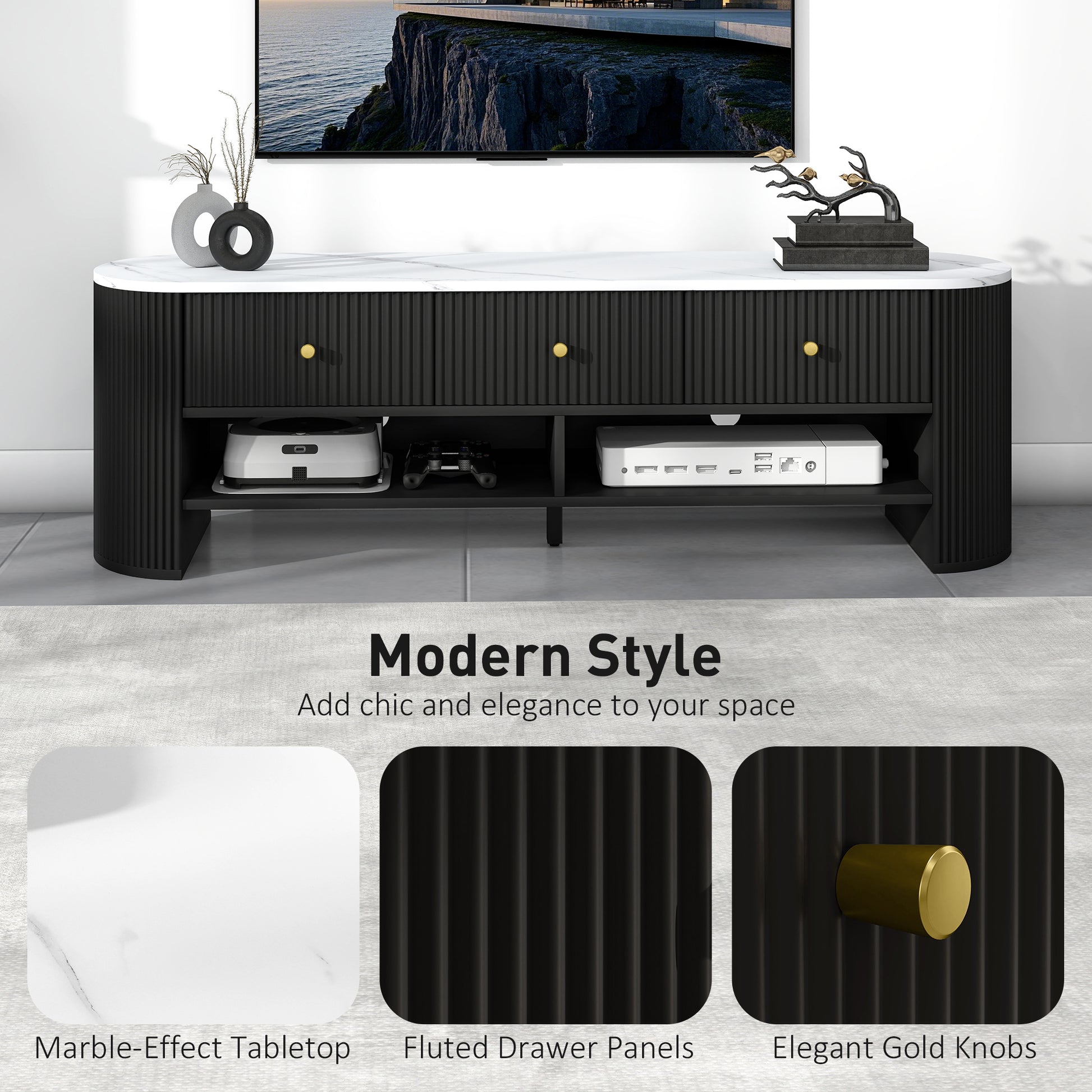 Modern Marble-Effect TV Stand, 3 Drawers, 2 Shelves, Black-DECOROLALA