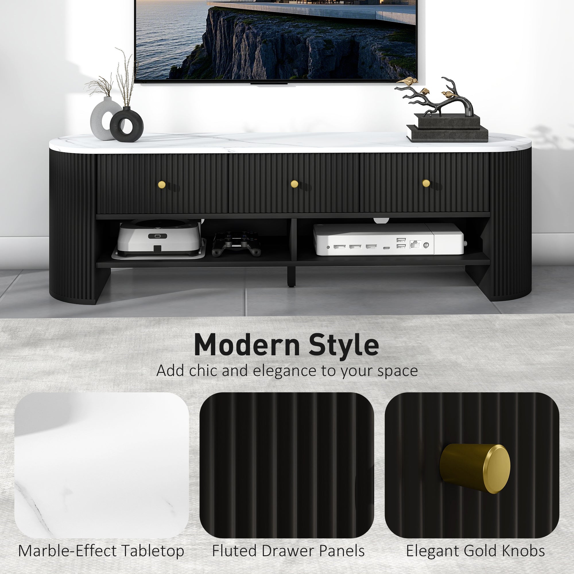 Modern Marble-Effect TV Stand, 3 Drawers, 2 Shelves, Black-DECOROLALA
