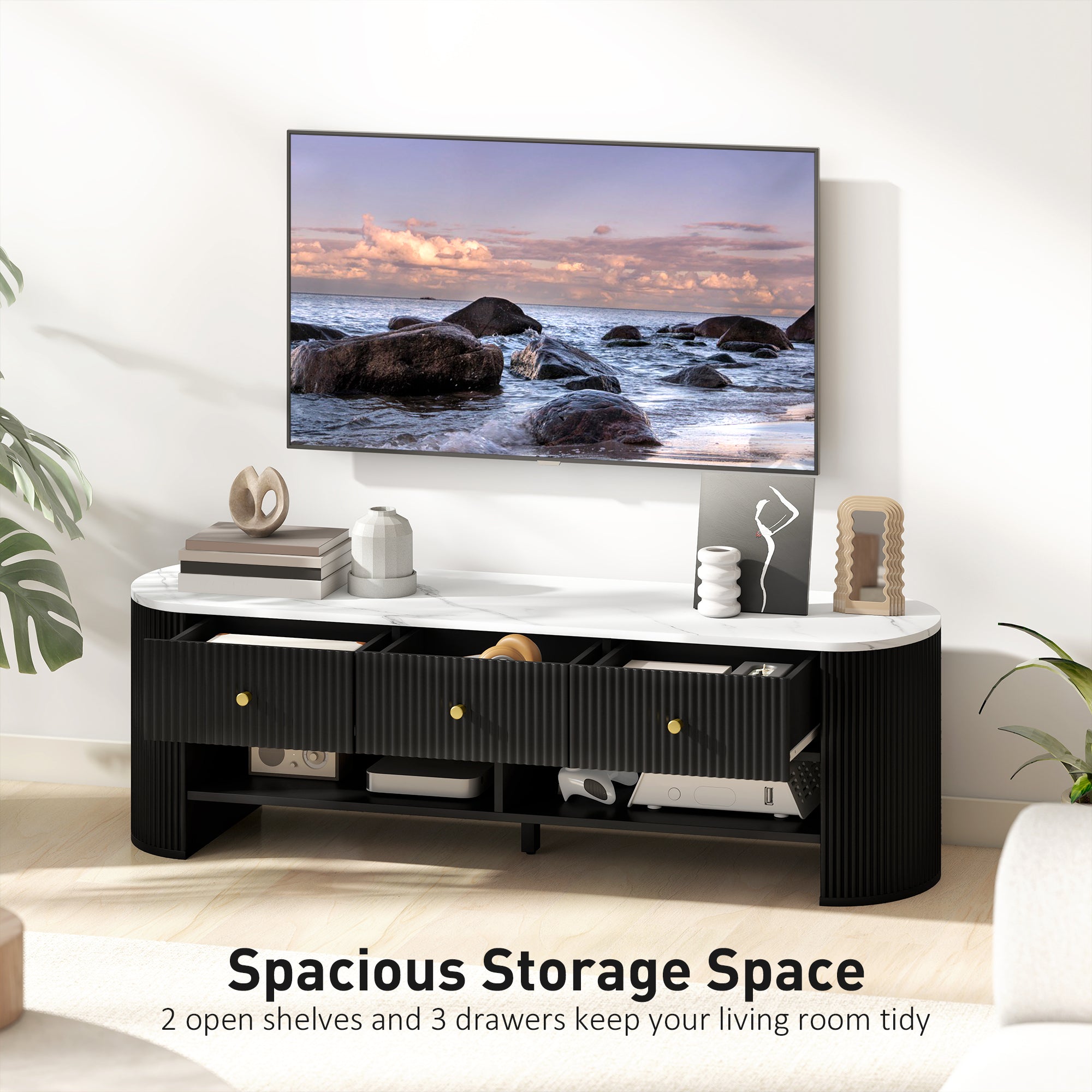 Modern Marble-Effect TV Stand, 3 Drawers, 2 Shelves, Black-DECOROLALA
