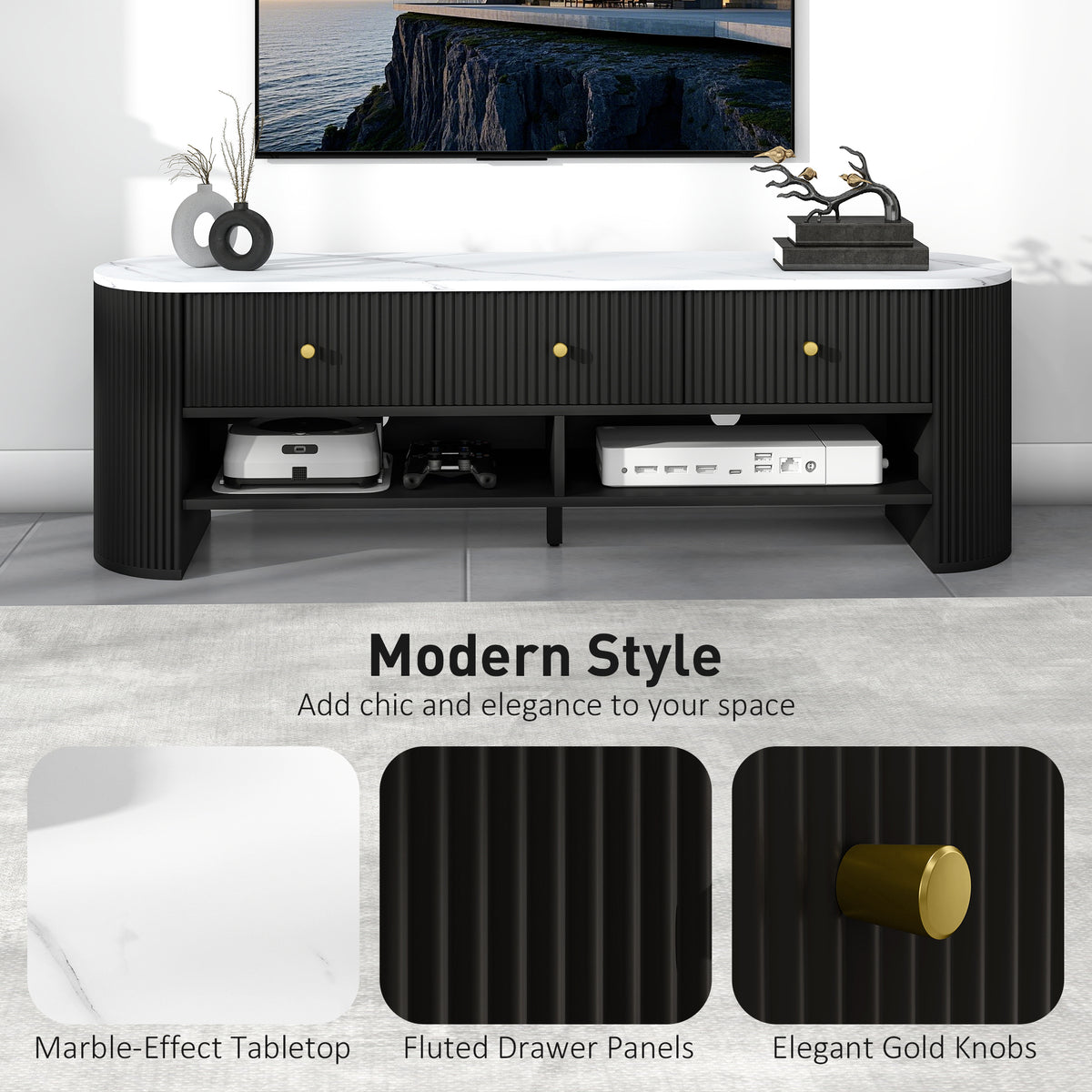 Modern Marble-Effect TV Stand, 3 Drawers, 2 Shelves, Black-DECOROLALA